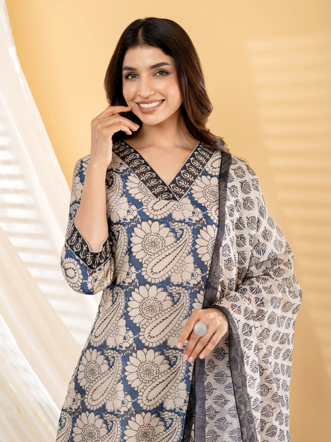 VAYANA PAISLEY PRINTED 3PC SET - INDIGO BEIGE