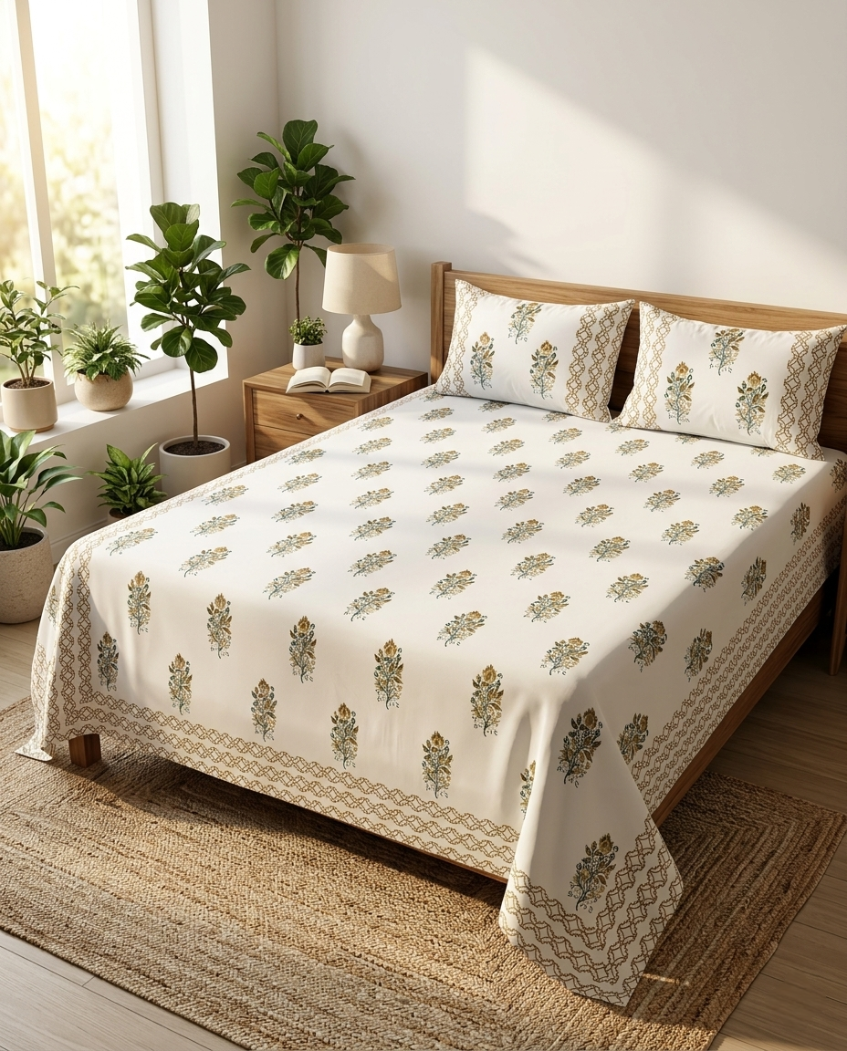 FLORAL BUTA HAND BLOCK BEDSHEET PREMIUM COTTON
