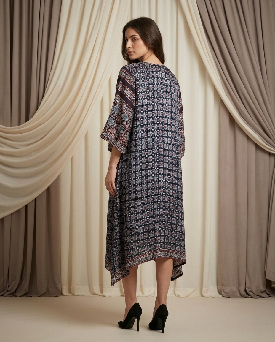 MOSAIC POINT MODAL SILK BLACK AJRAKH KURTA (HANDBLOCK)