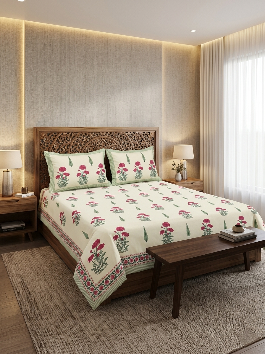 RUSTIC GARDEN HAND BLOCK BEDSHEET PREMIUM COTTON