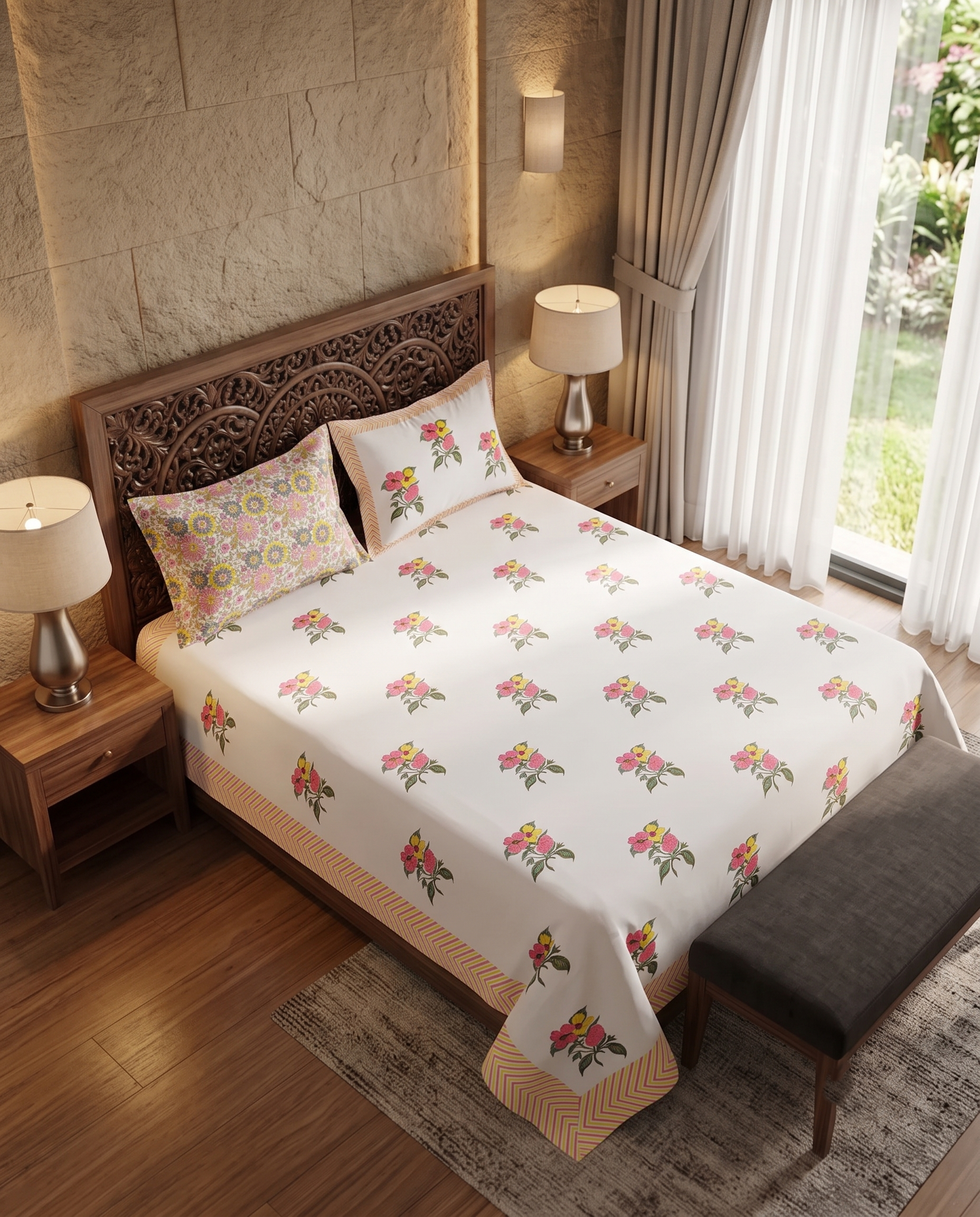 Hand Block Thick Cotton Bedsheet – Ivory Pink & Yellow Floral