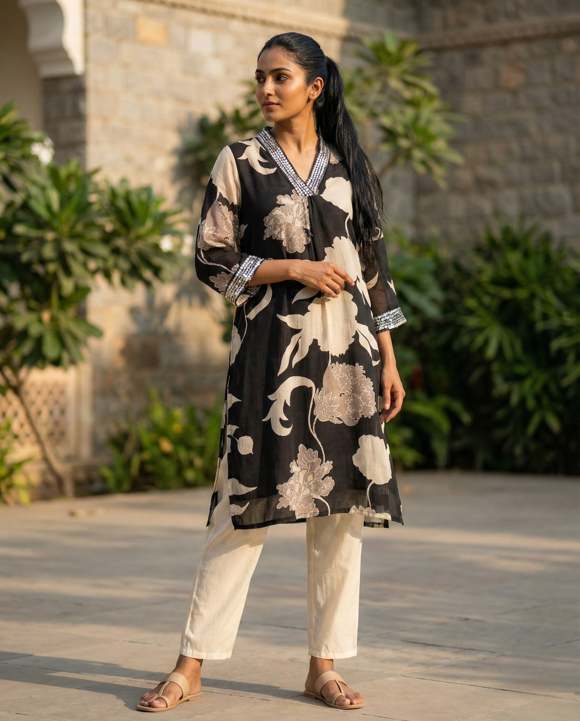 Abstract Black White Floral Muslin KP set
