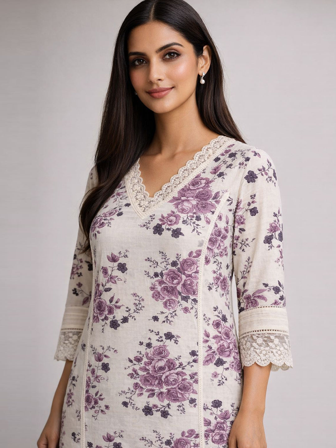 Lilac Bloom Lace Kurta Pant Set β Ivory Lilac