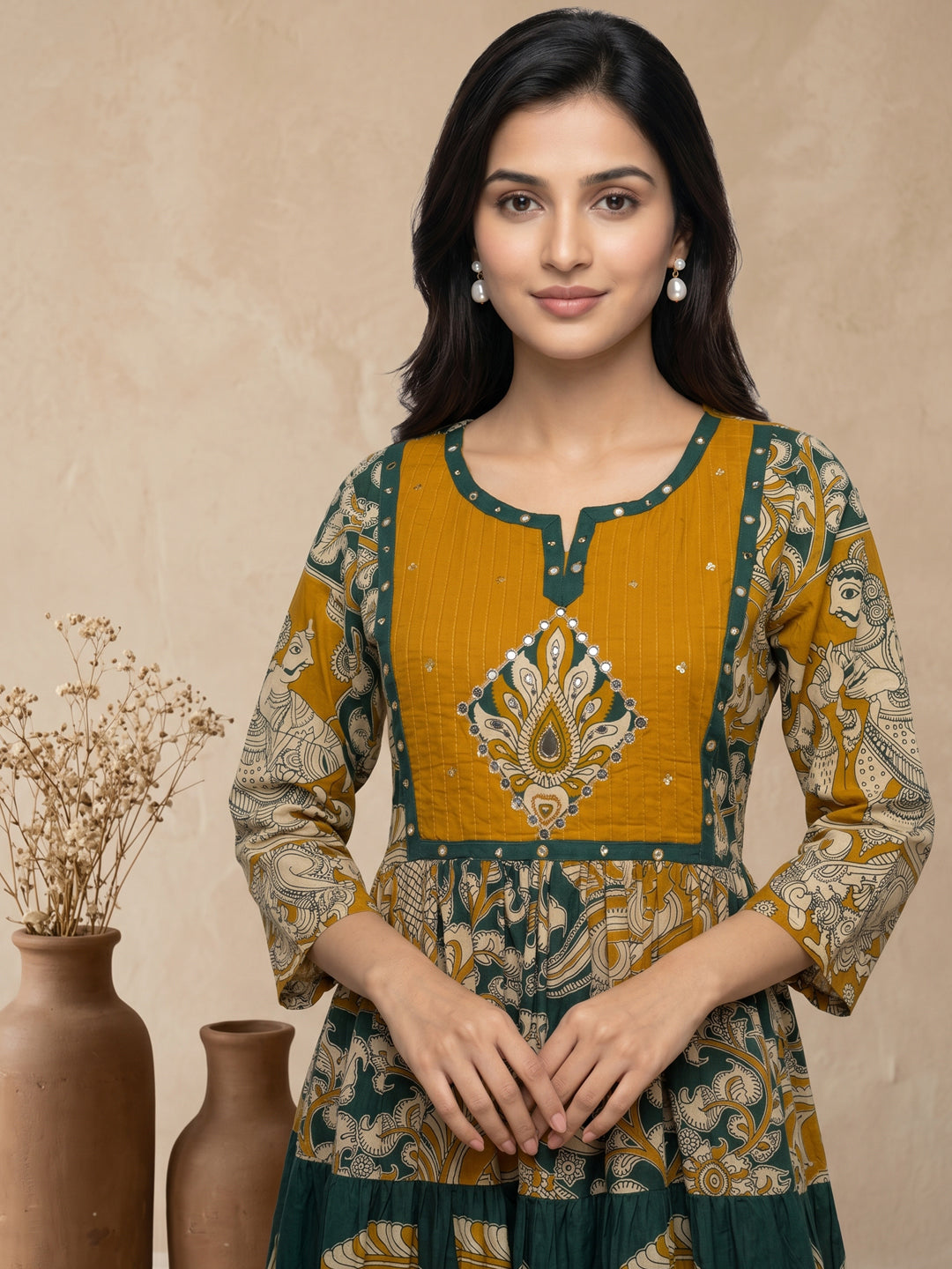 Vrinda Kalamkari 3Pc Set – Forest Green