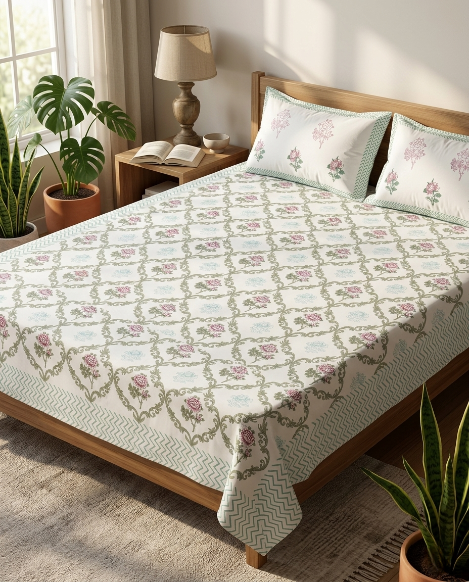 OPAL FERN ELEGANCE HAND BLOCK BEDSHEET PREMIUM COTTON