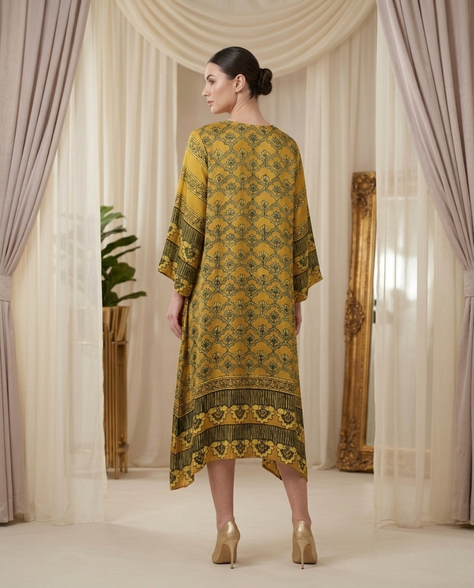 MOSAIC POINT MODAL SILK LIGHT YELLOW AJRAKH KURTA (HANDBLOCK)