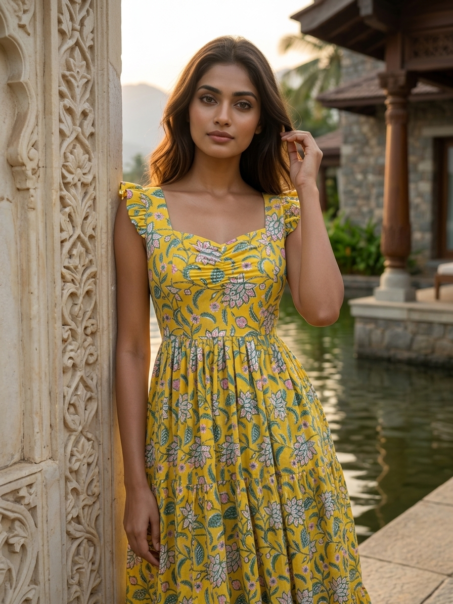 FRILL FLARE COTTON YELLOW DRESS (HANDBLOCK)