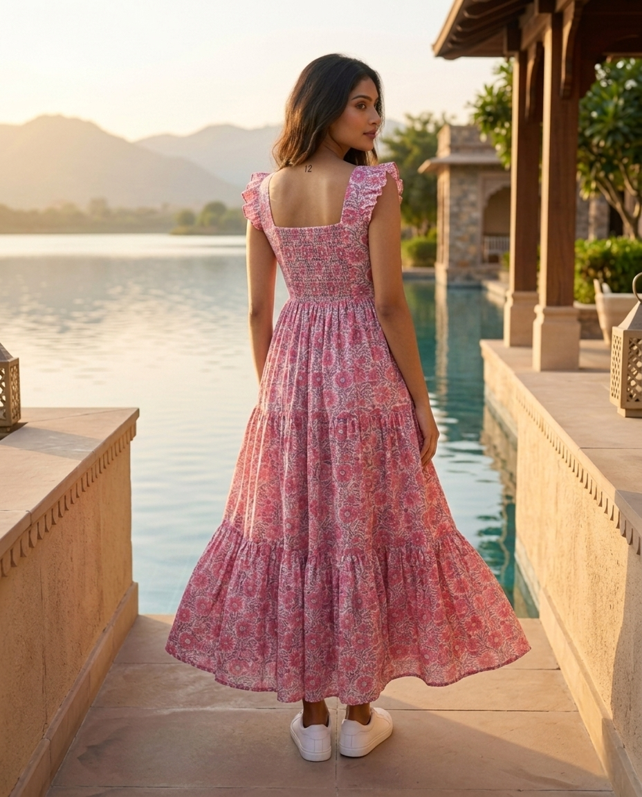 FRILL FLARE COTTON PINK DRESS (HANDBLOCK)