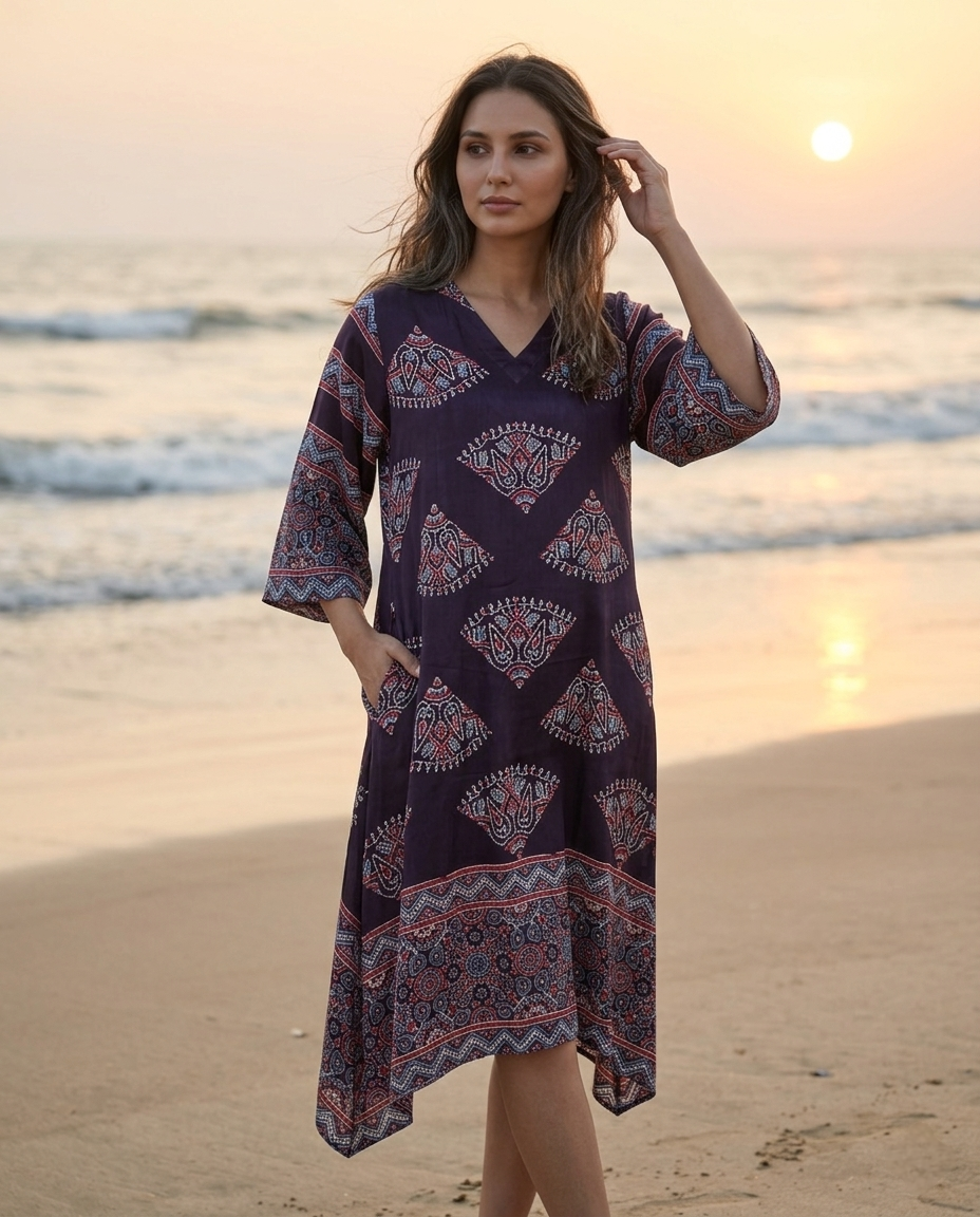 MOSAIC POINT MODAL SILK BLACK AJRAKH KURTA (HANDBLOCK)