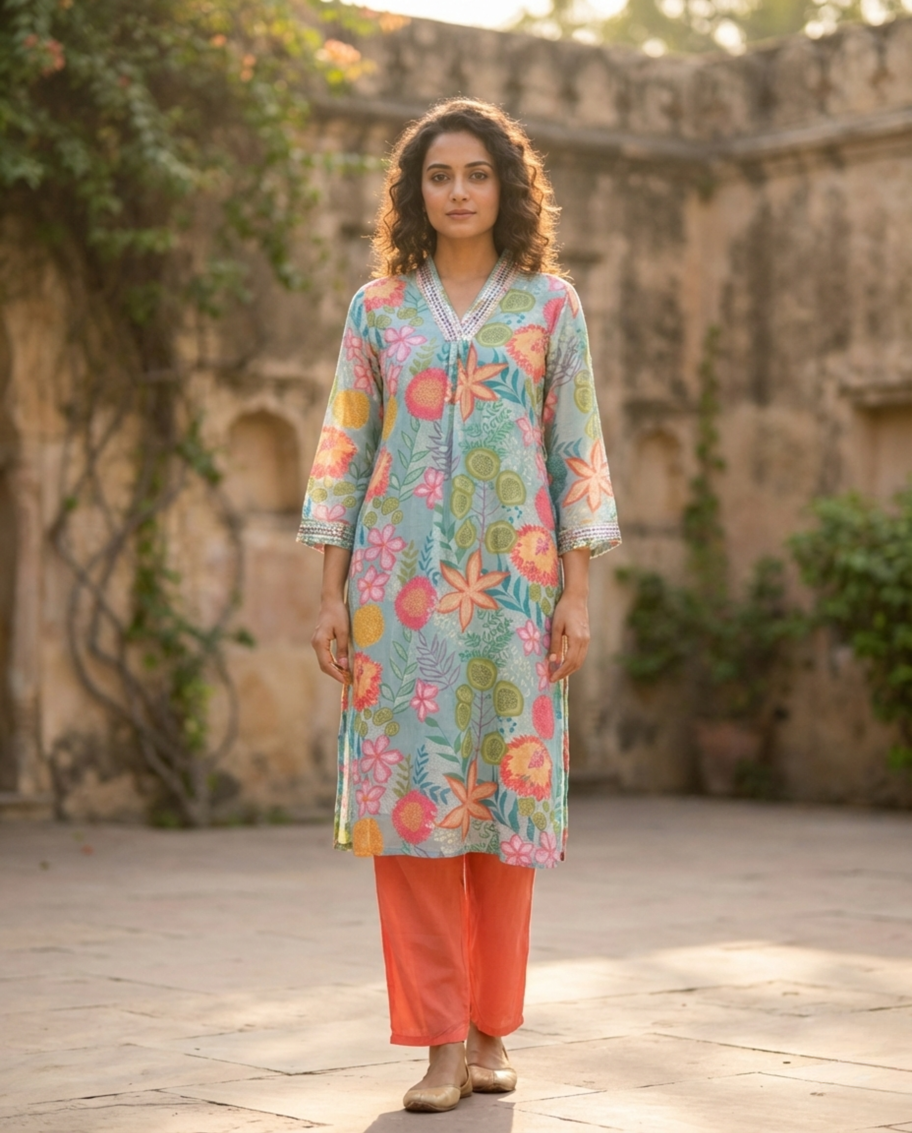 Abstract Blue Orange Floral Muslin KP set