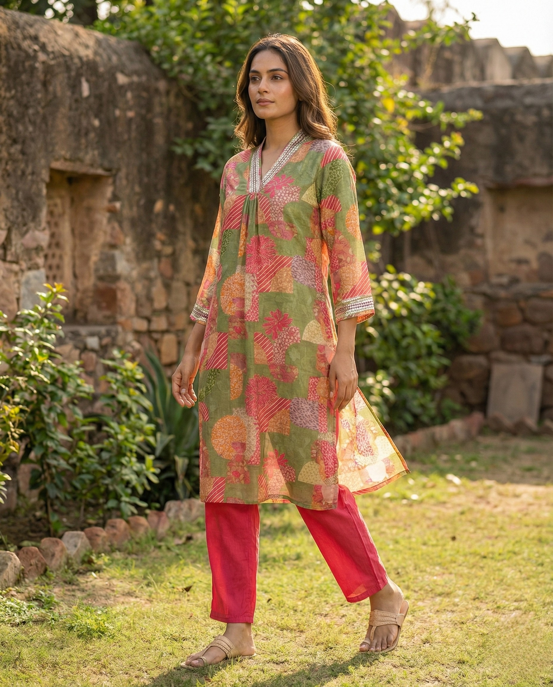 Abstract Green Pink Floral Muslin KP set