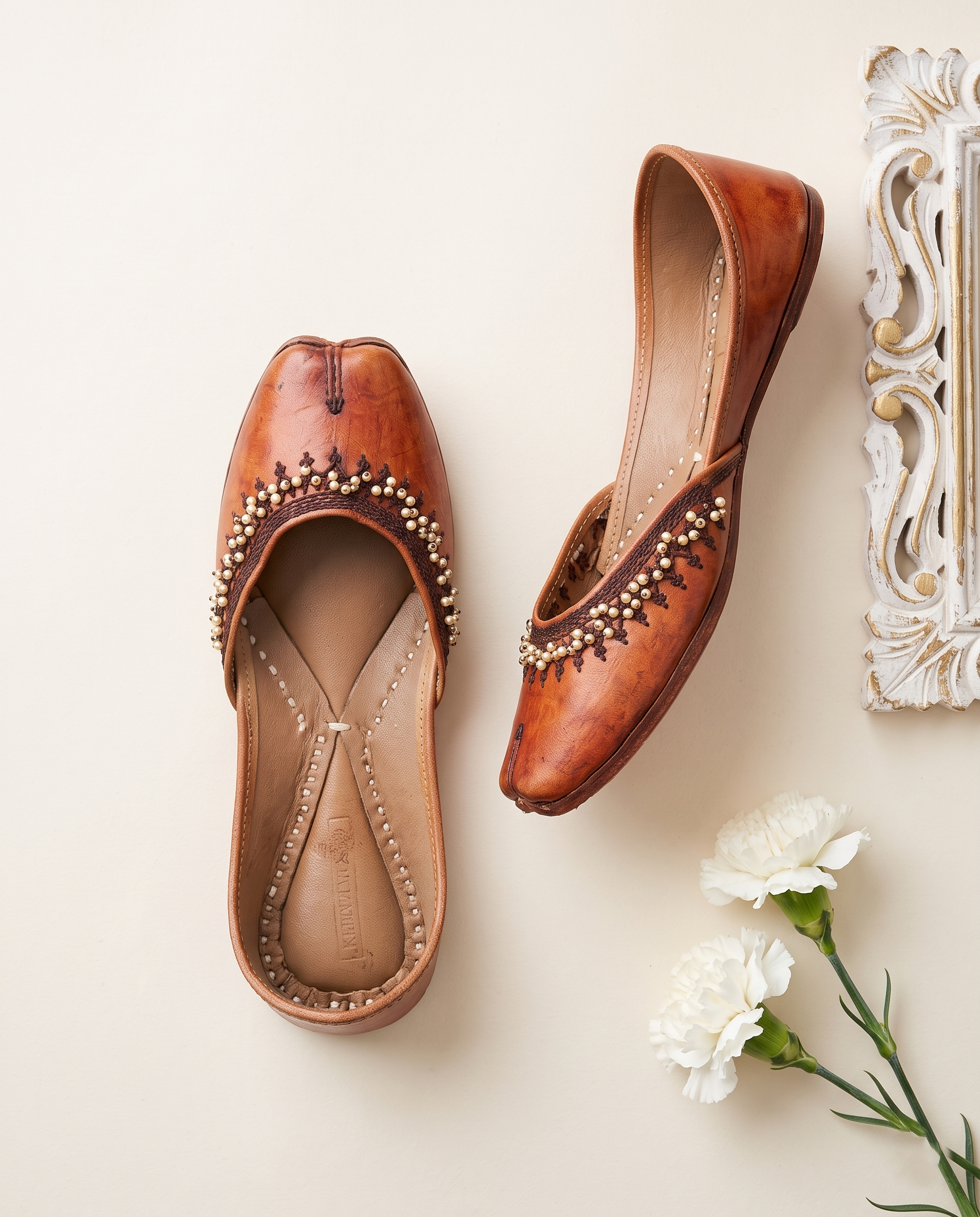 Brown Pearl Knot Pure Leather Handcrafted Jutti