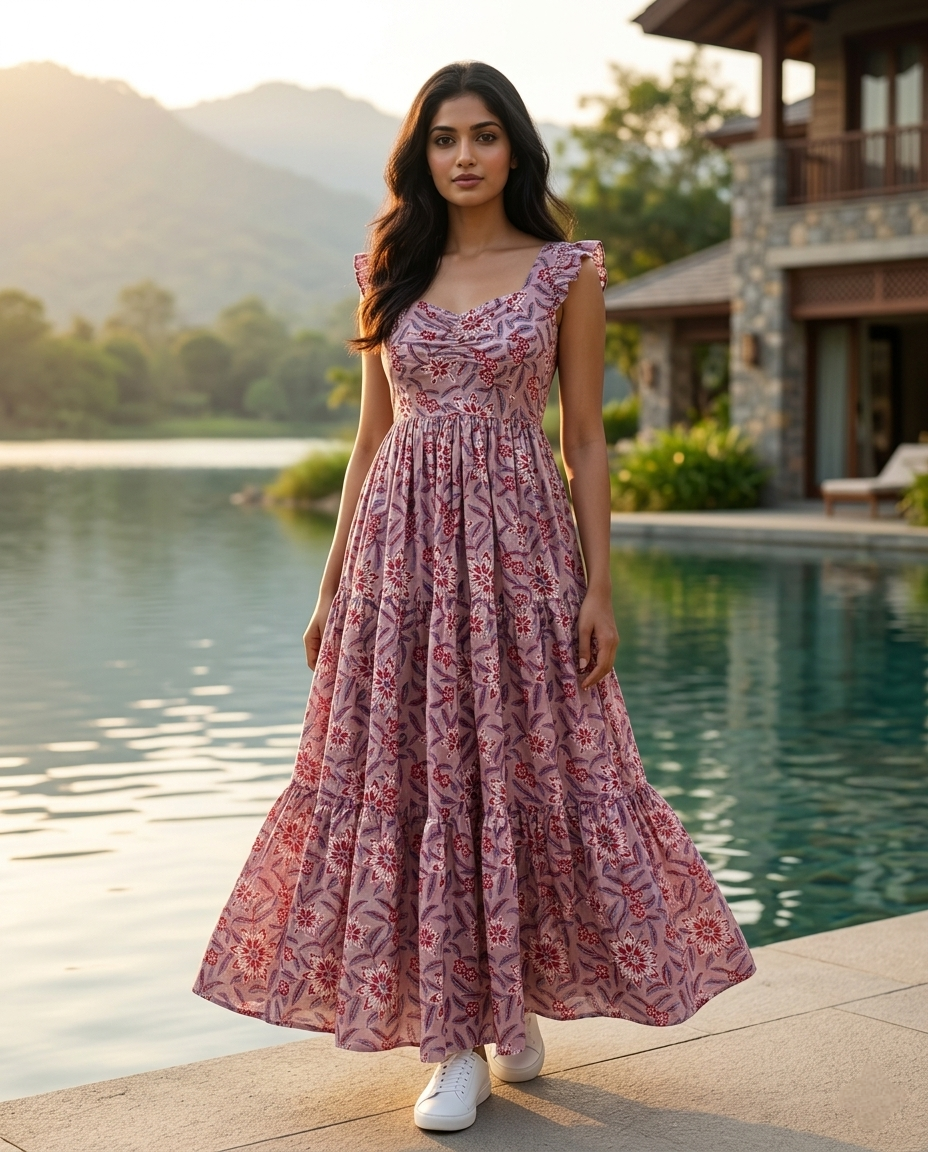 FRILL FLARE COTTON BROWN DRESS (HANDBLOCK)