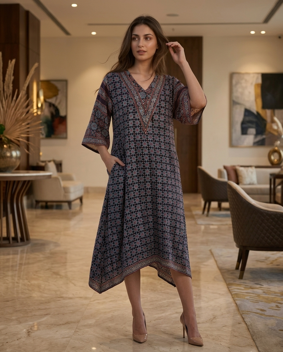 MOSAIC POINT MODAL SILK BLACK AJRAKH KURTA (HANDBLOCK)