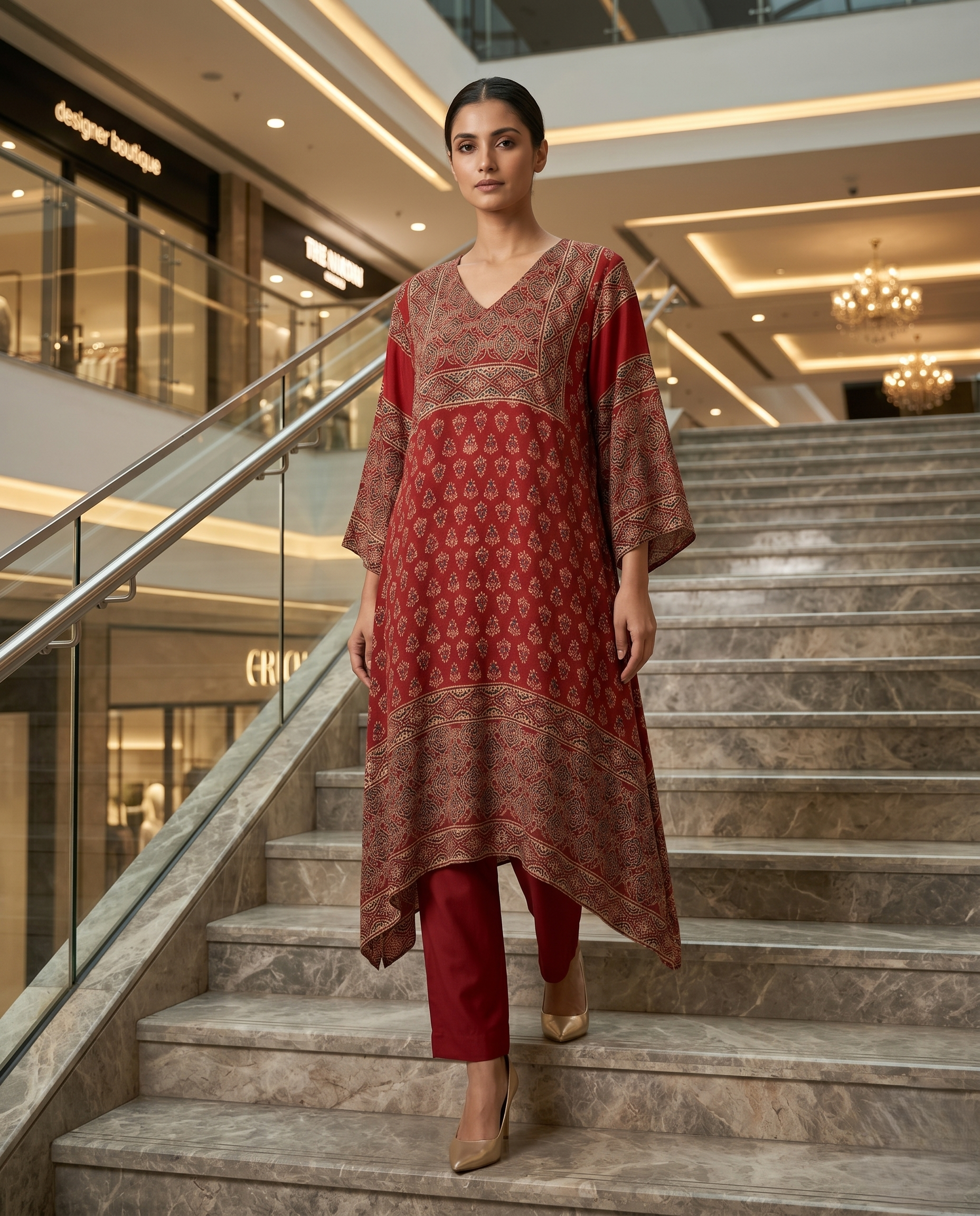 MOSAIC POINT MODAL SILK RED AJRAKH DRESS (HANDBLOCK)