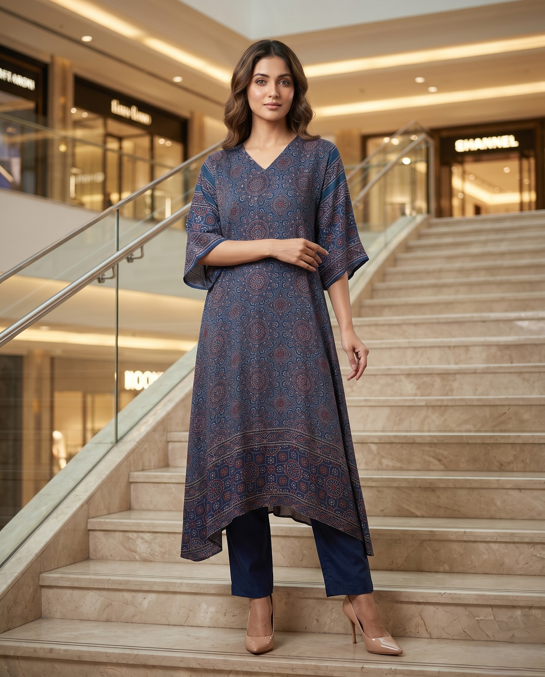 MOSAIC POINT MODAL SILK BLUE AJRAKH DRESS (HANDBLOCK)