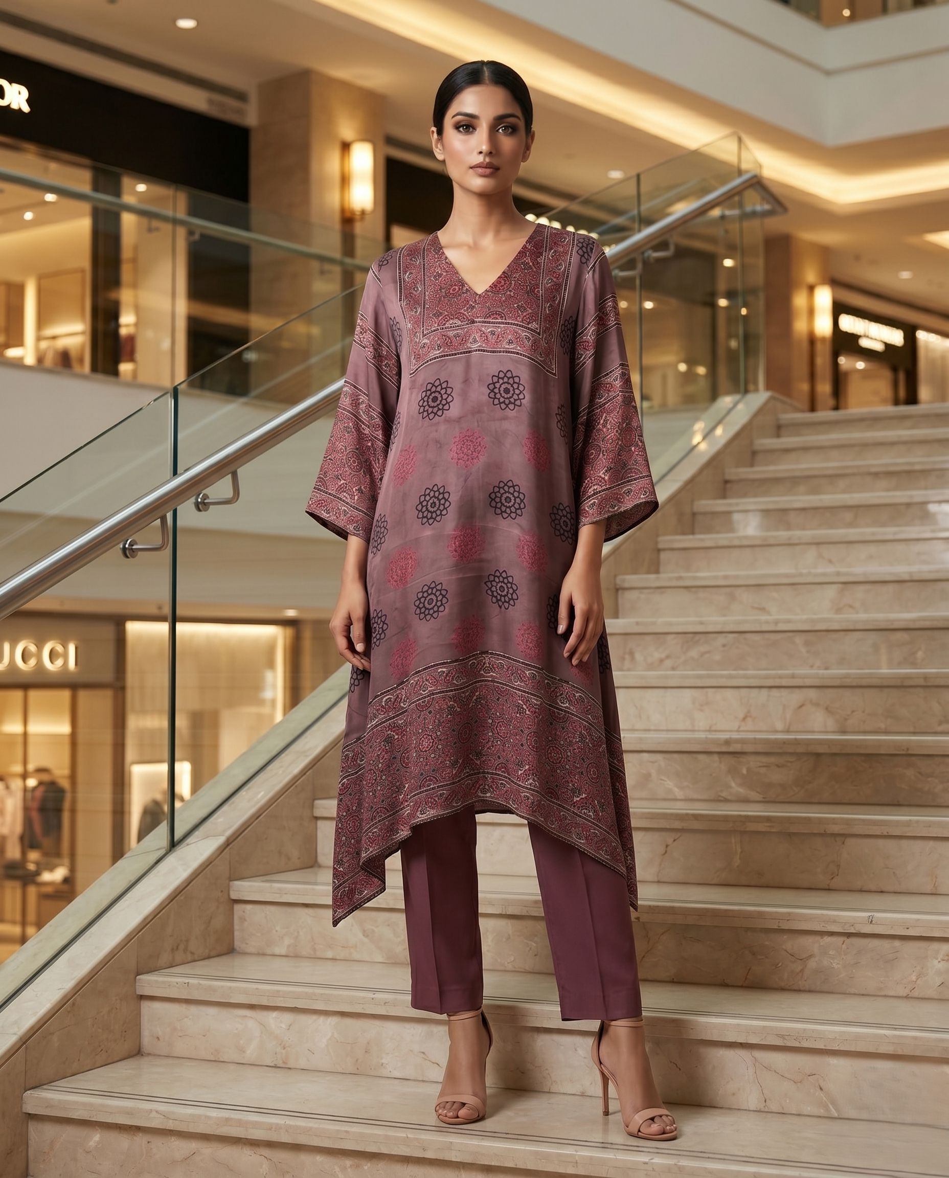 MOSAIC POINT MODAL SILK BROWN AJRAKH DRESS (HANDBLOCK)