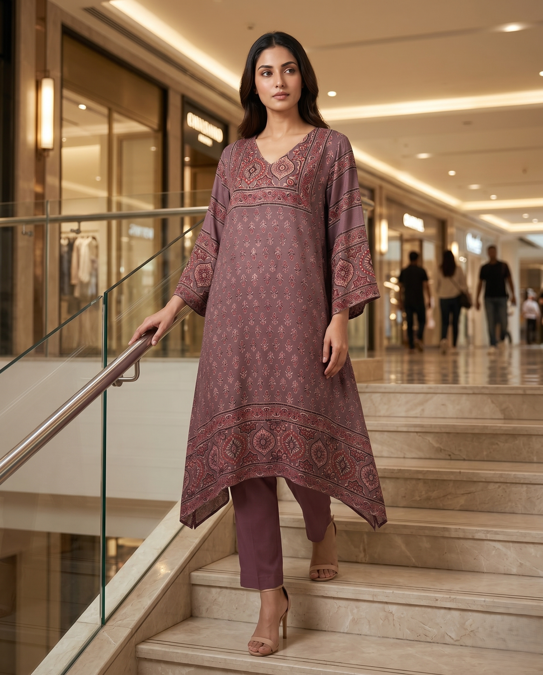MOSAIC POINT MODAL SILK BROWN AJRAKH DRESS (HANDBLOCK)