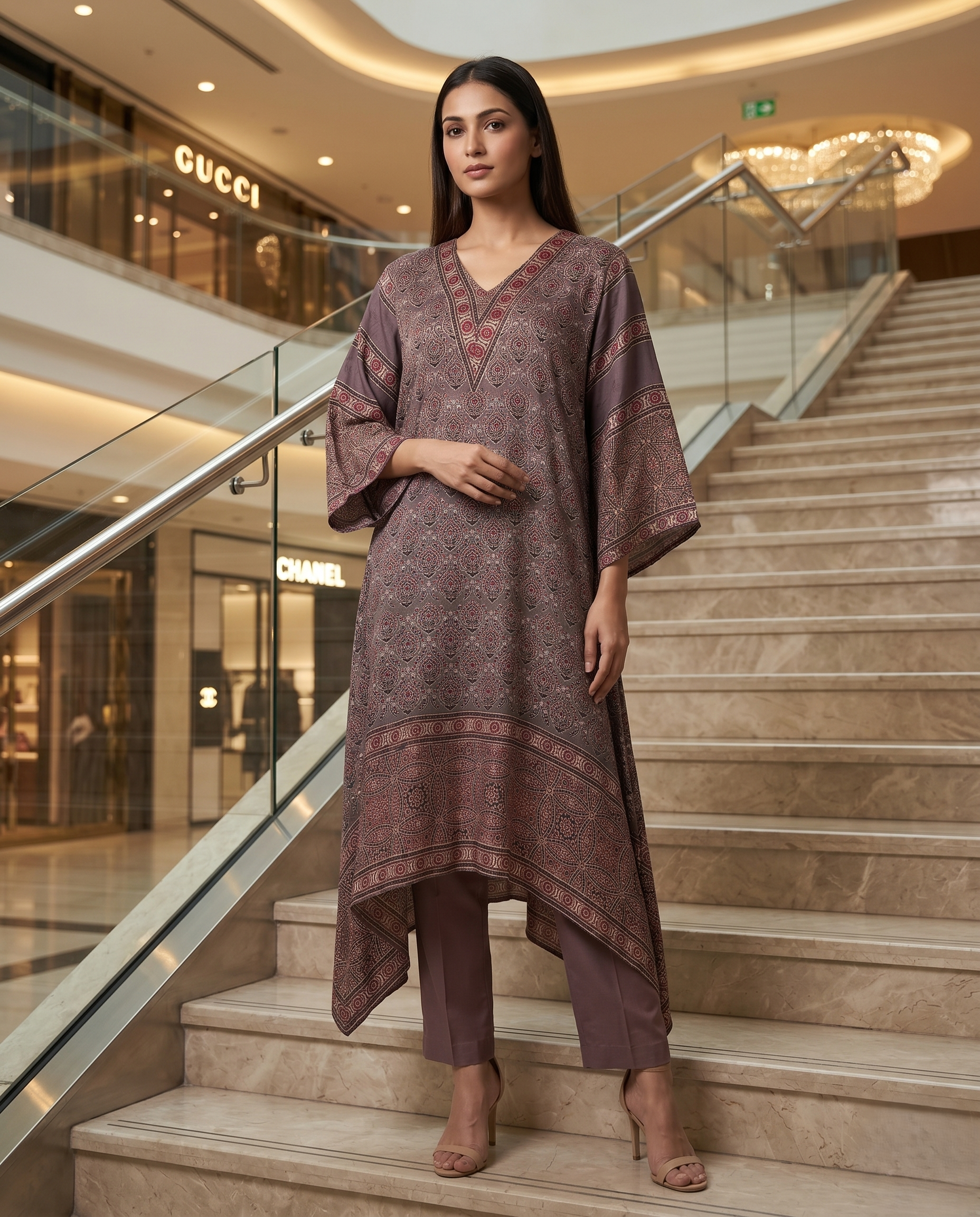 MOSAIC POINT MODAL SILK BROWN AJRAKH DRESS (HANDBLOCK)