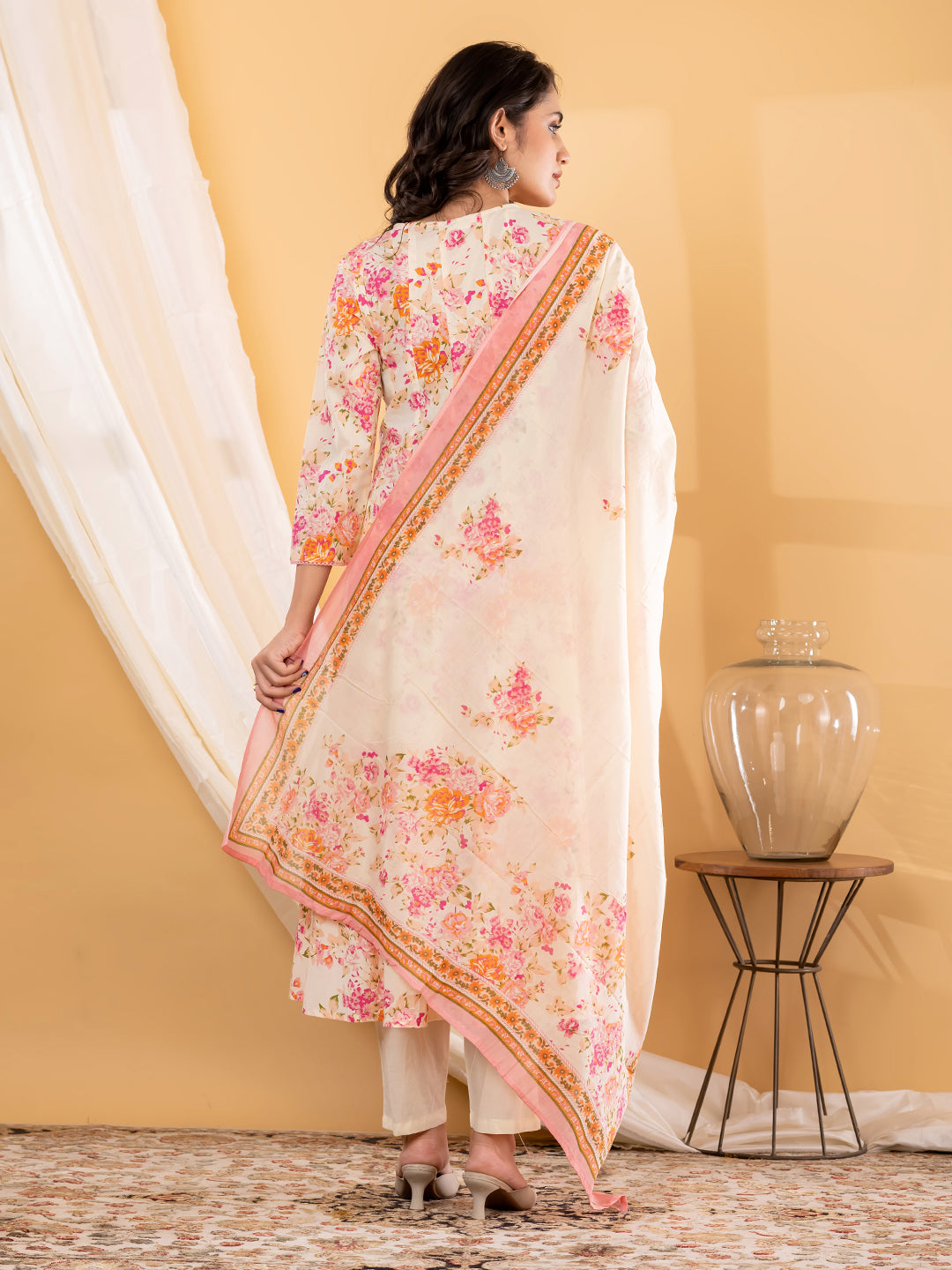 ESHANI BLOOM PRINTED 3PC SET - PEACH IVORY