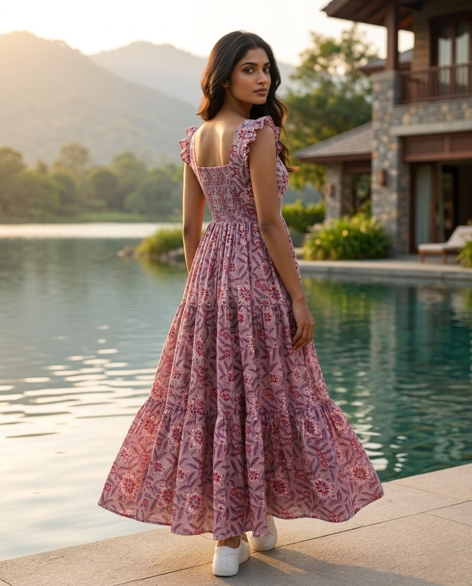 FRILL FLARE COTTON BROWN DRESS (HANDBLOCK)