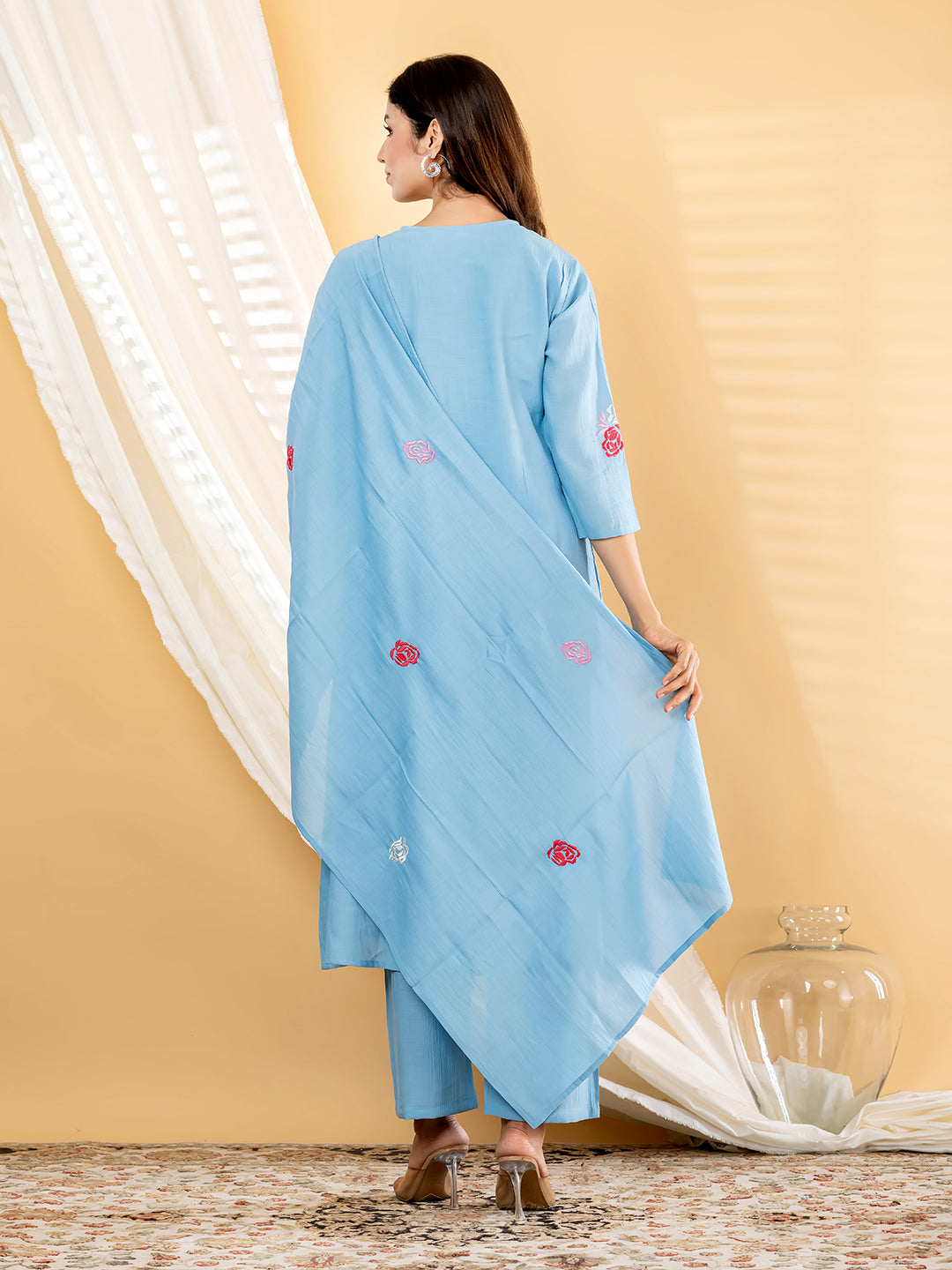 Rosalie Bloom Embroidered 3Pc Set – Powder Blue