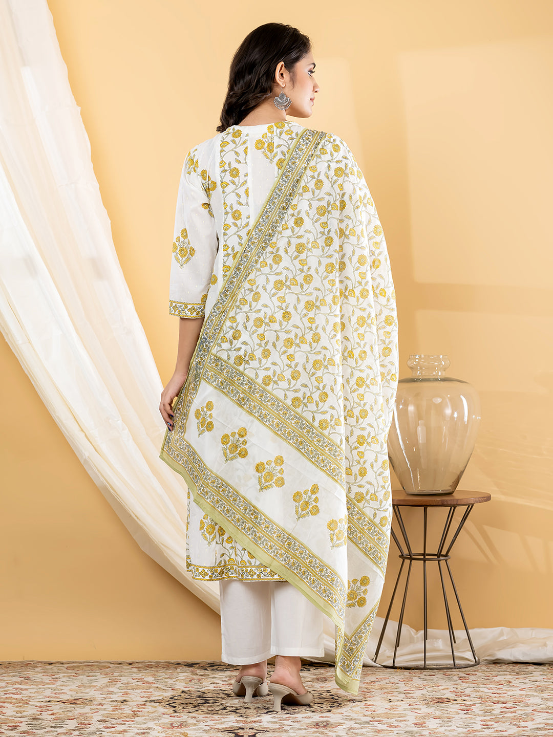 VEDIKA FLORAL PRINTED 3PC SET - WHITE MUSTARD