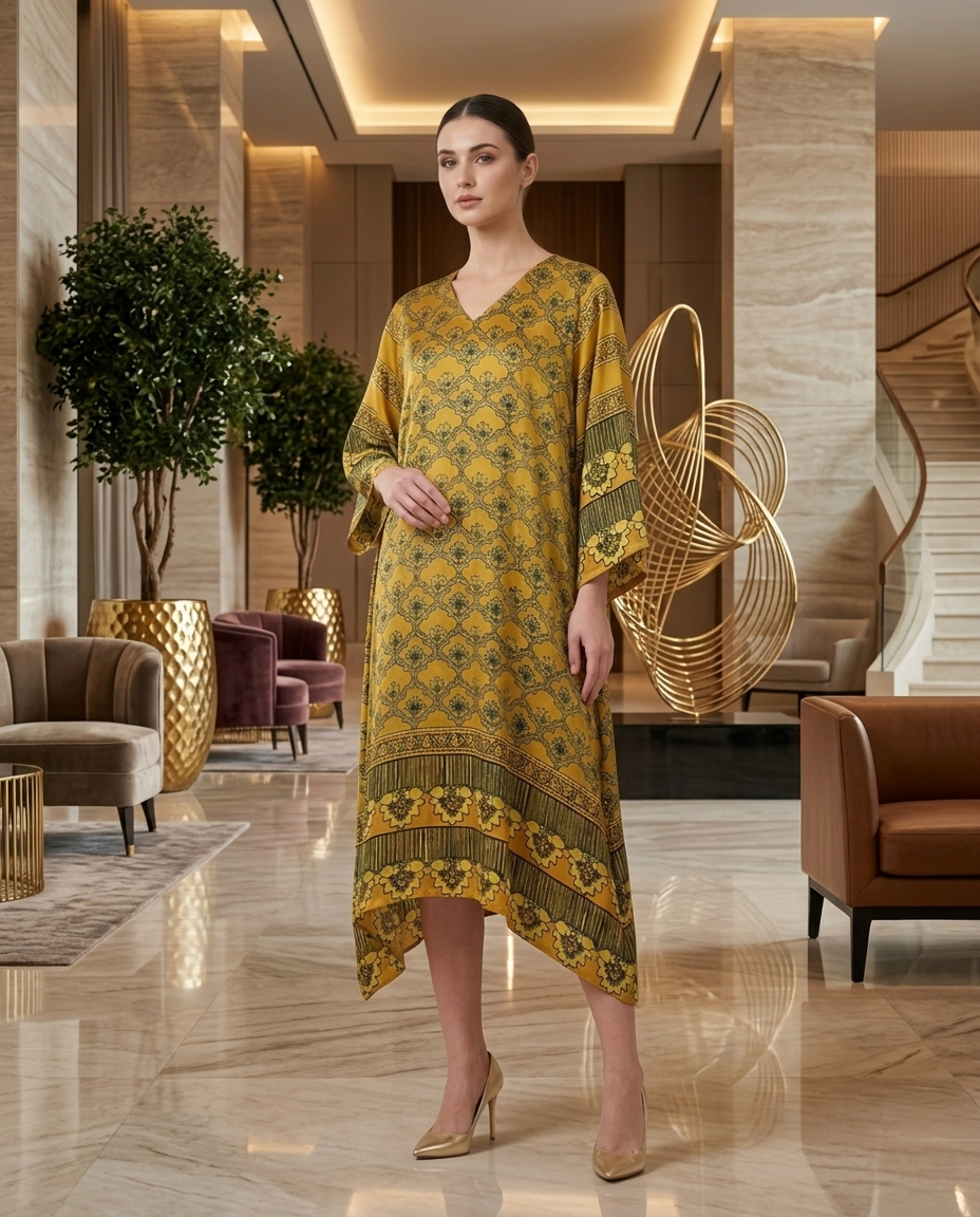 MOSAIC POINT MODAL SILK LIGHT YELLOW AJRAKH KURTA (HANDBLOCK)