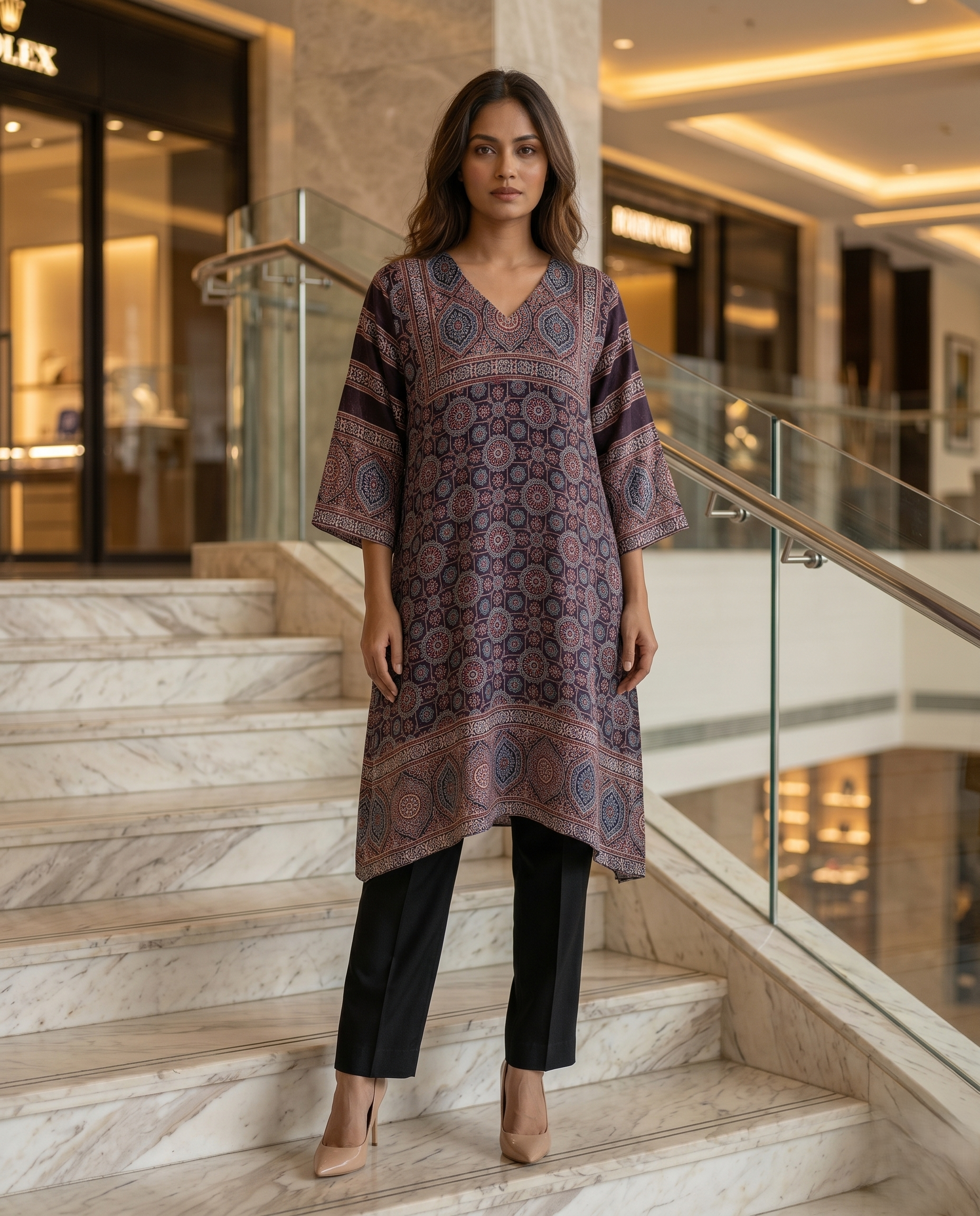 MOSAIC POINT MODAL SILK BLACK AJRAKH DRESS (HANDBLOCK)