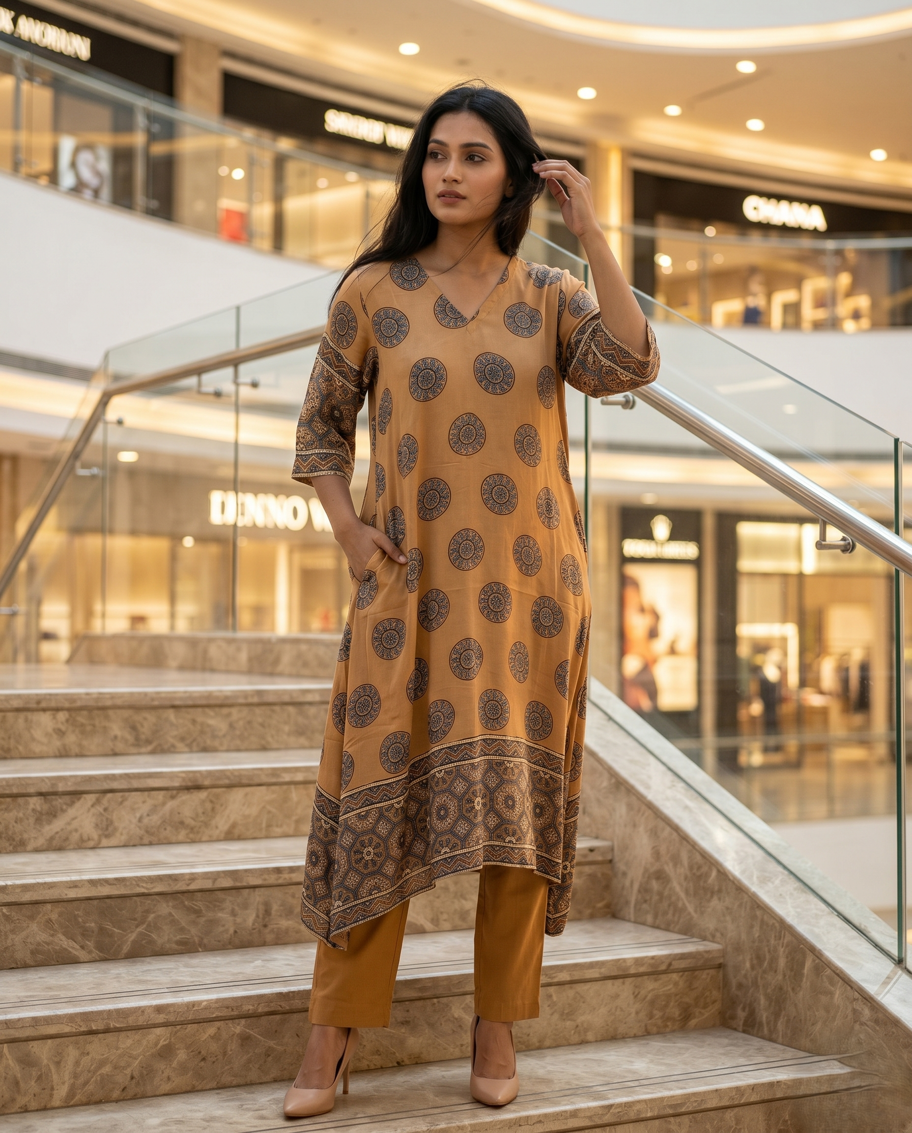 MOSAIC POINT MODAL SILK CHARCOAL GREY AJRAKH DRESS (HANDBLOCK)