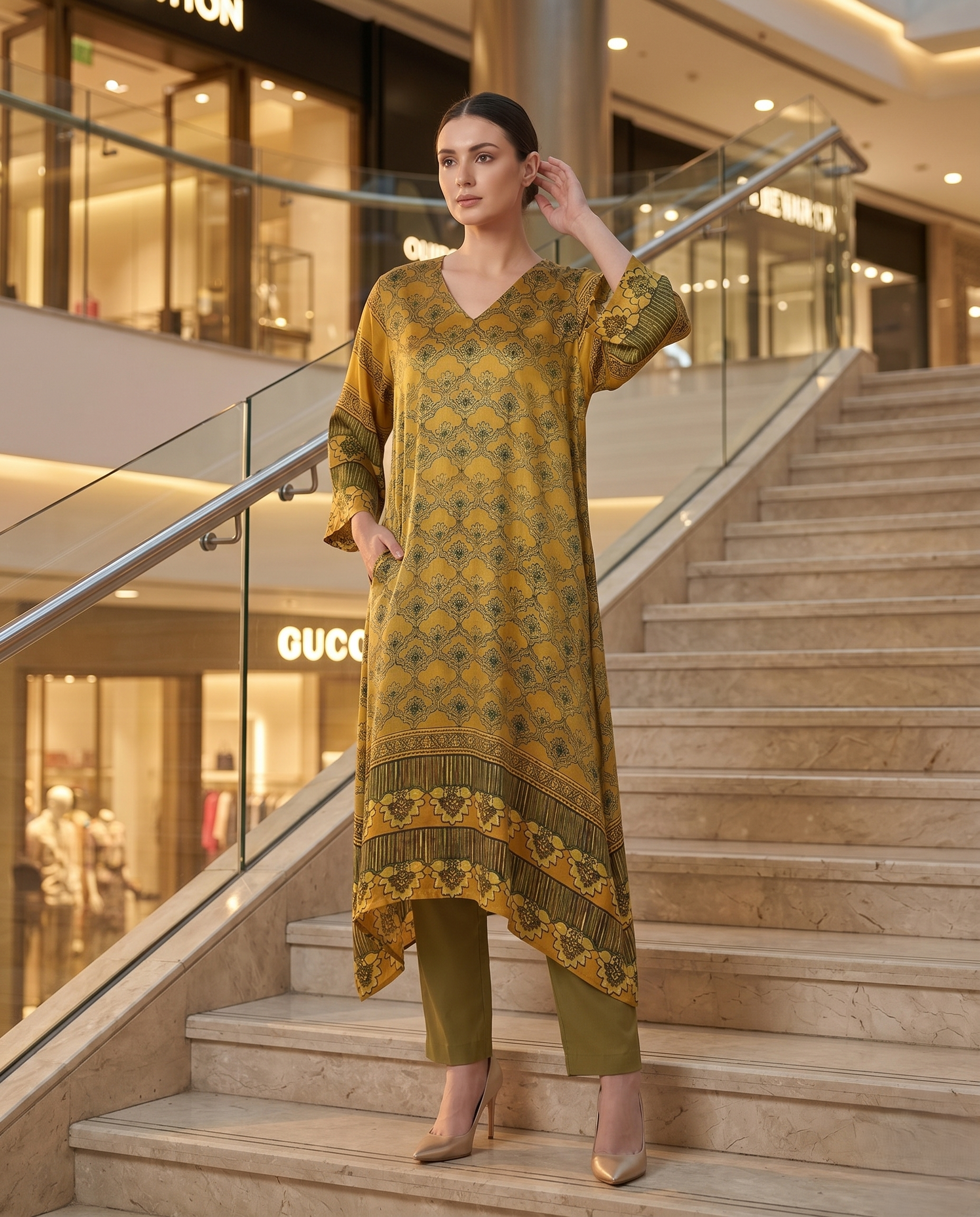 MOSAIC POINT MODAL SILK LIGHT YELLOW AJRAKH DRESS (HANDBLOCK)