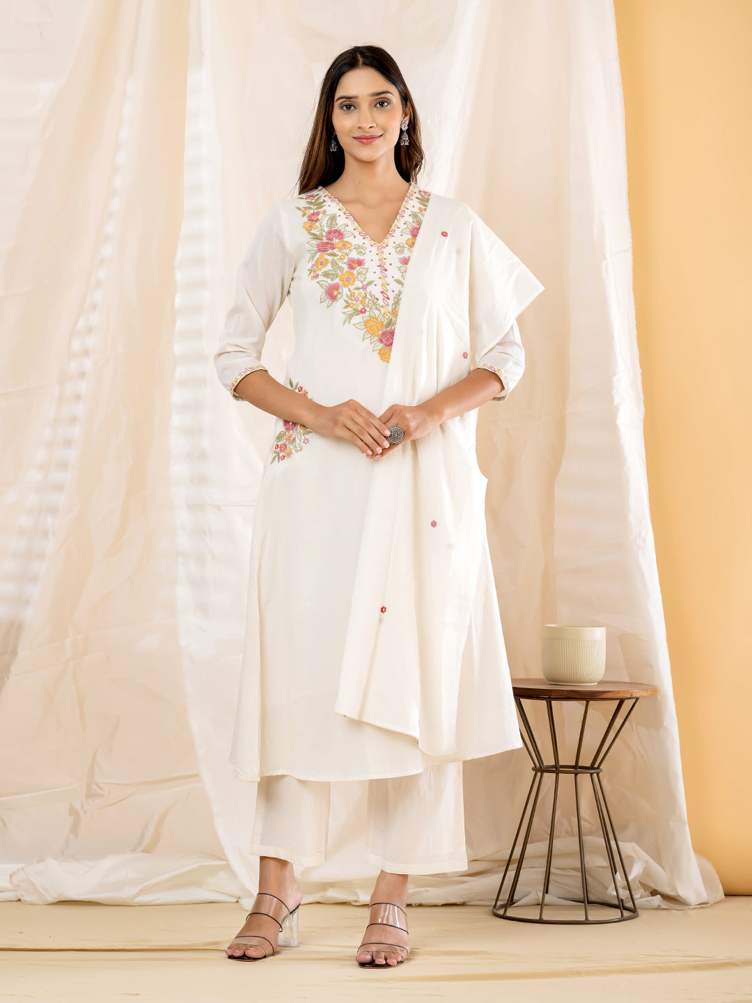 AAHANA FLORAL EMBROIDERED 3PC SET - IVORY WHITE