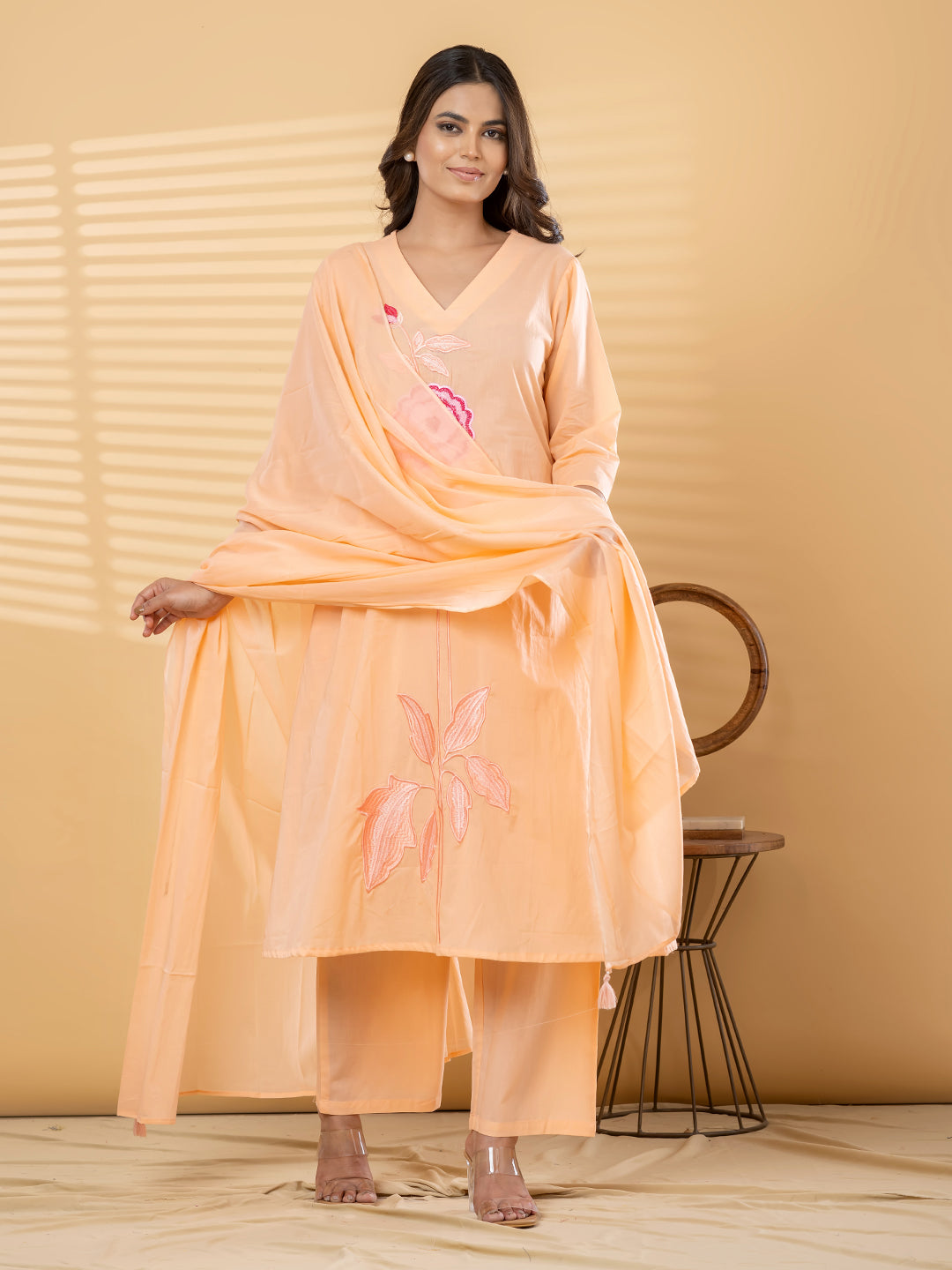 ELARA FLORAL EMBROIDERED 3PC SET - PEACH