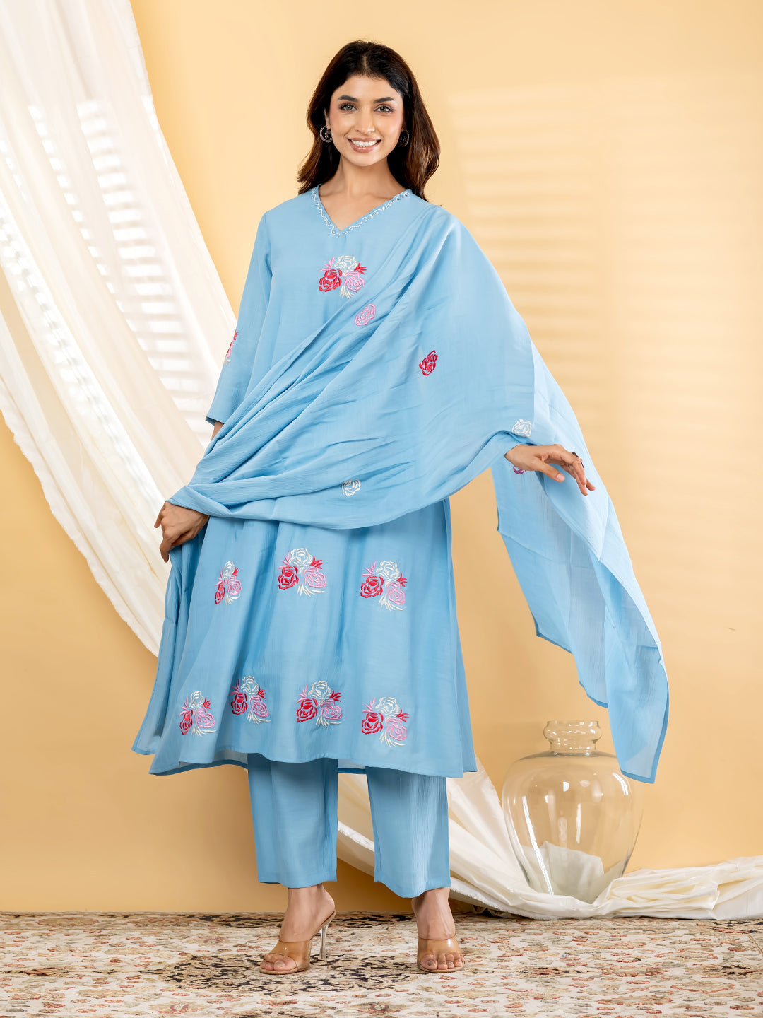 Rosalie Bloom Embroidered 3Pc Set – Powder Blue