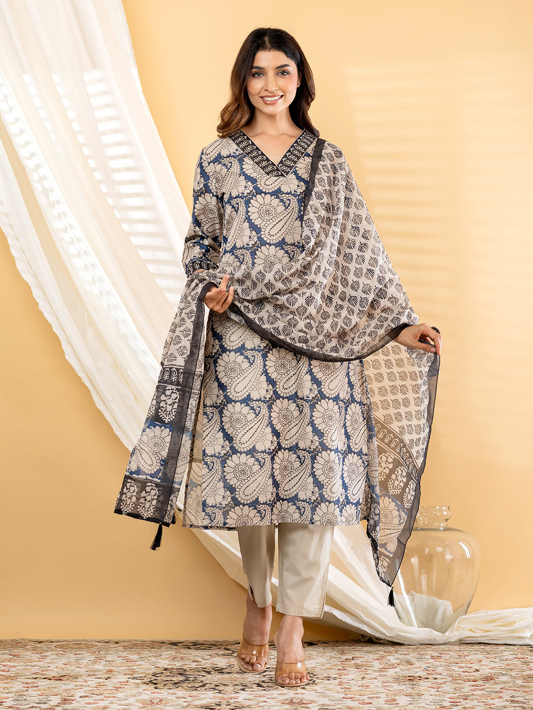 VAYANA PAISLEY PRINTED 3PC SET - INDIGO BEIGE