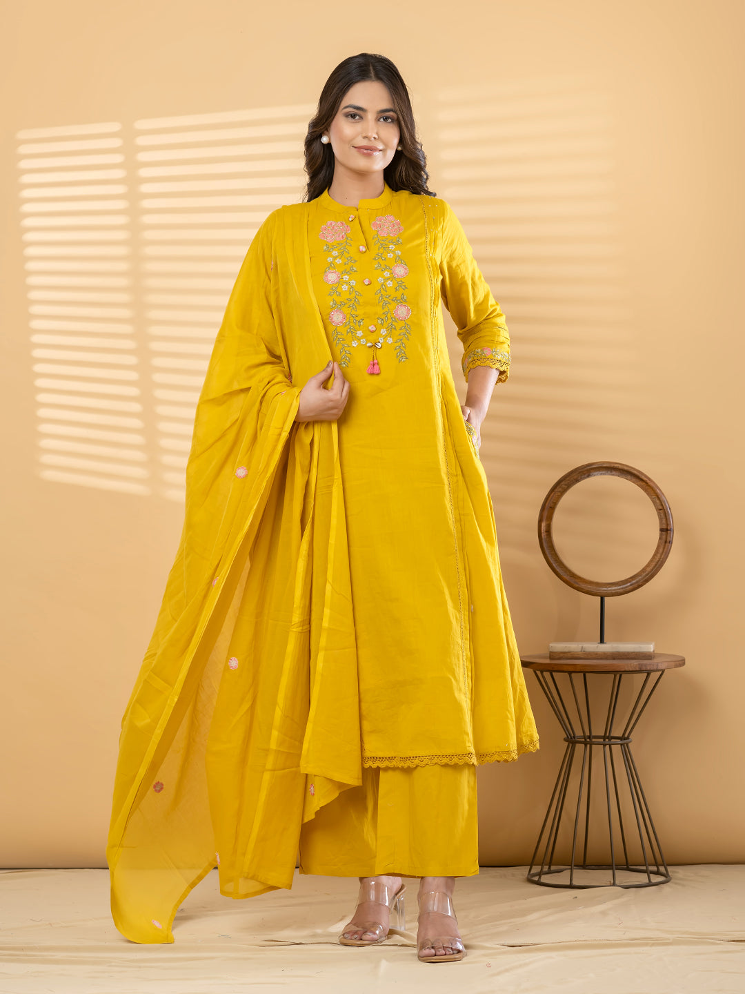 ZIVA FLORAL EMBROIDERED 3PC SET - MUSTARD YELLOW