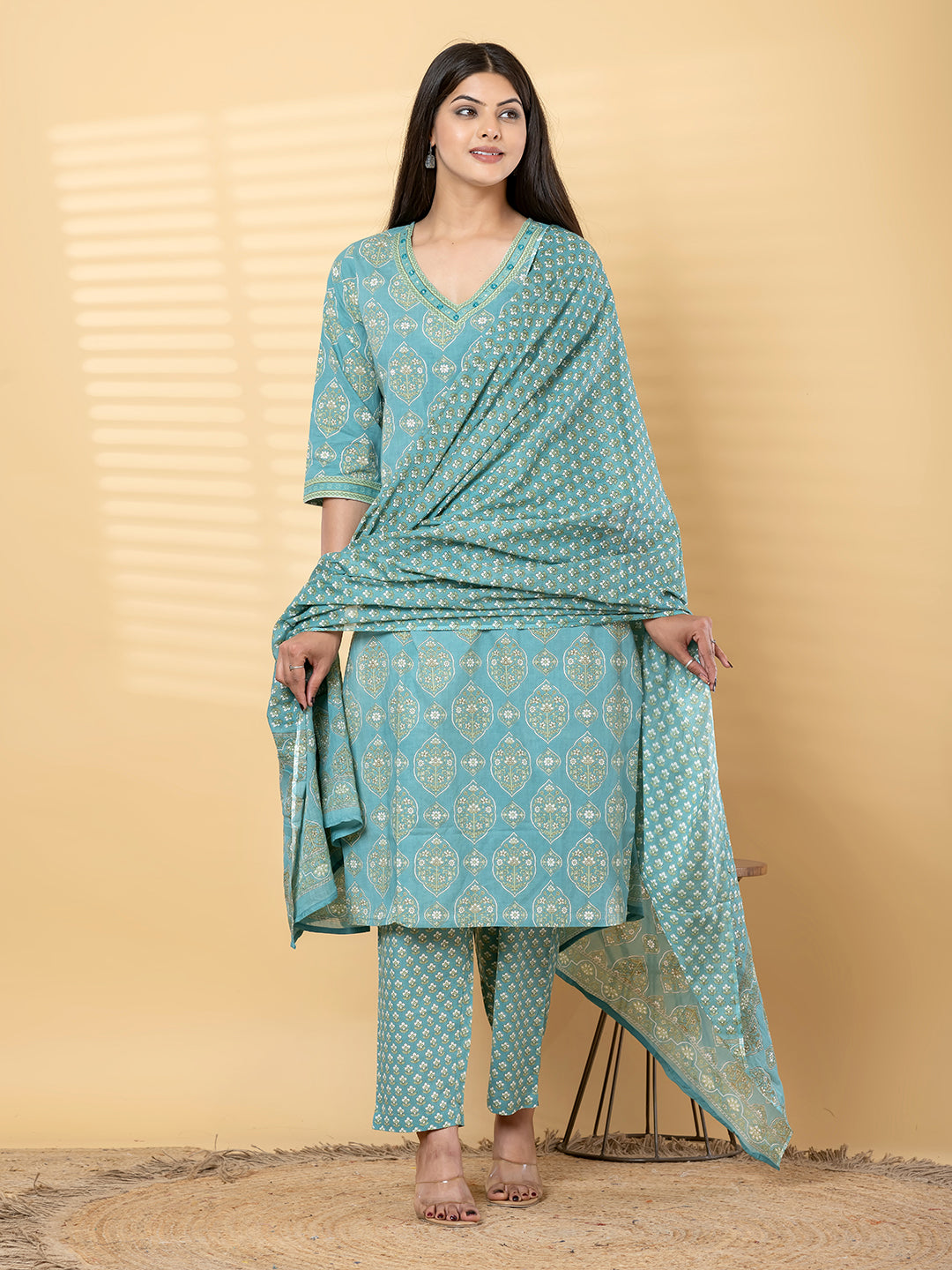 MEHER PRINTED 3PC SET - AQUA BLUE