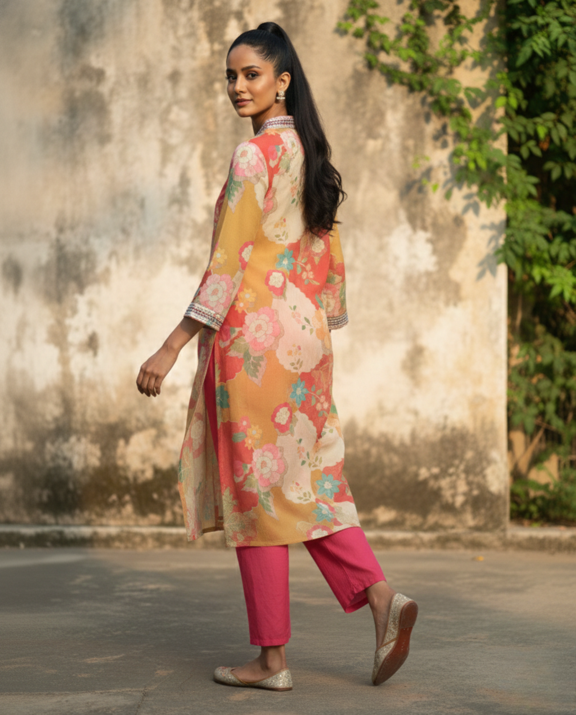 Abstract Mustard coral Floral Muslin KP set