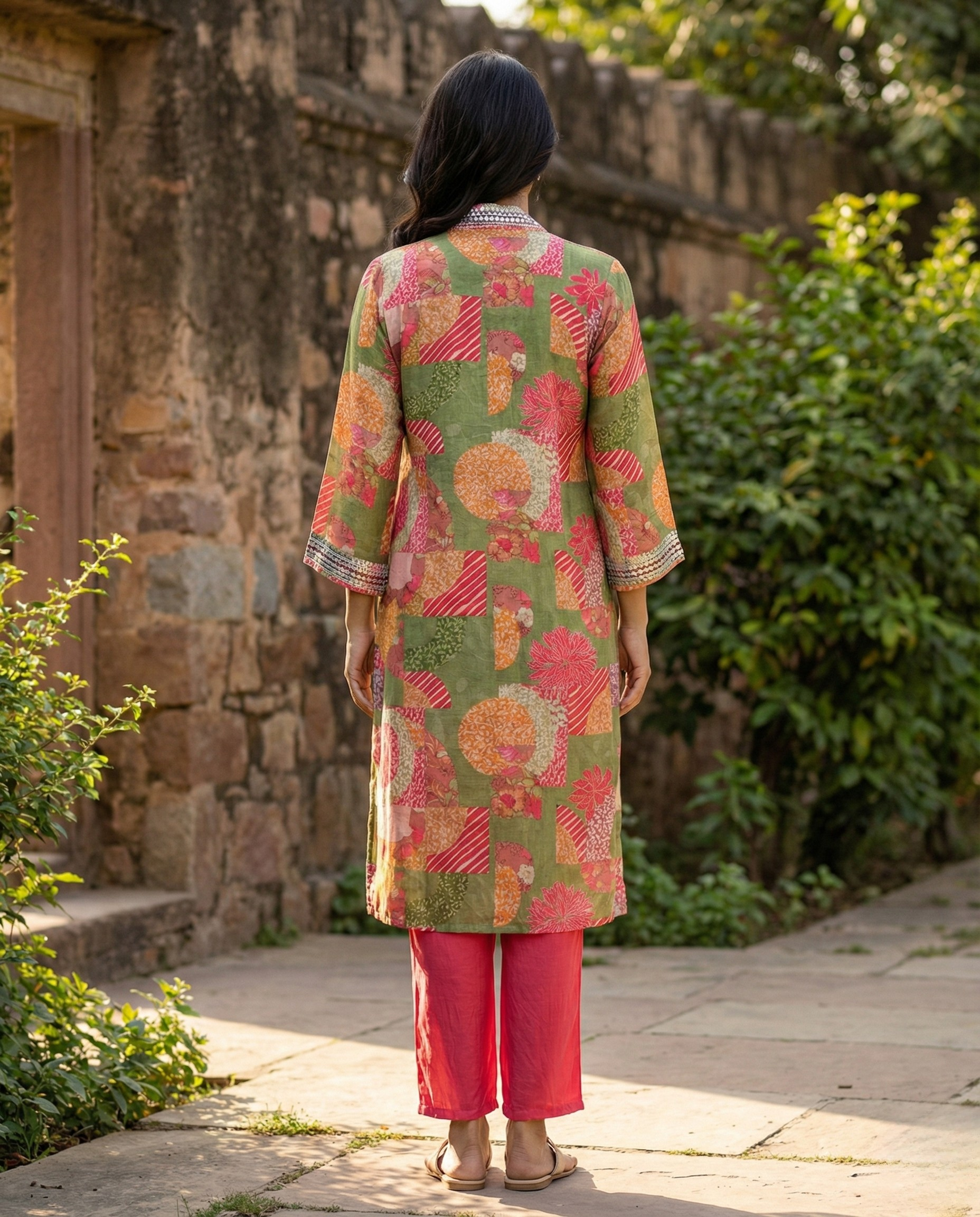 Abstract Green Pink Floral Muslin KP set