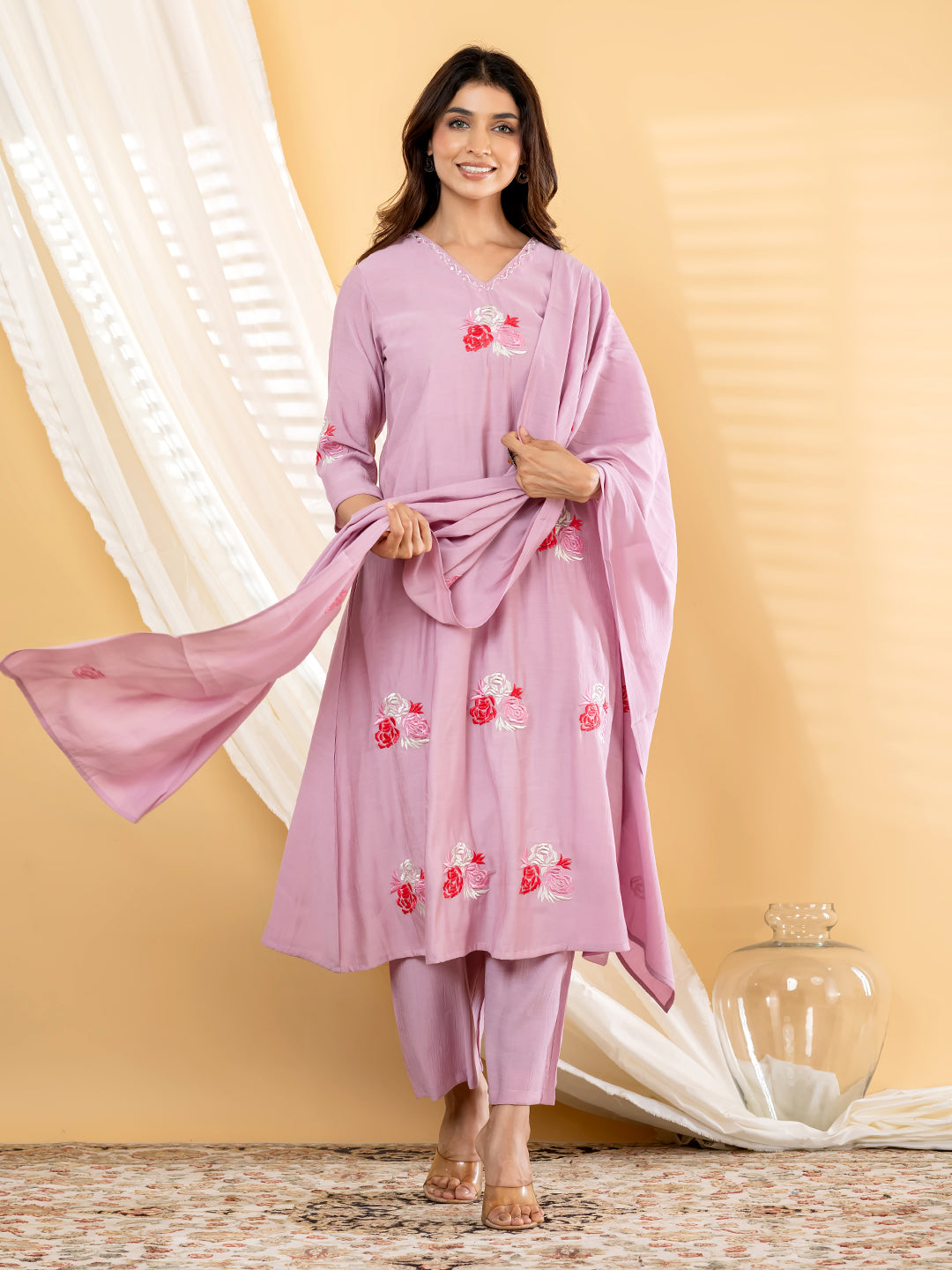 Rosalie Bloom Embroidered 3Pc Set – Blush Lilac