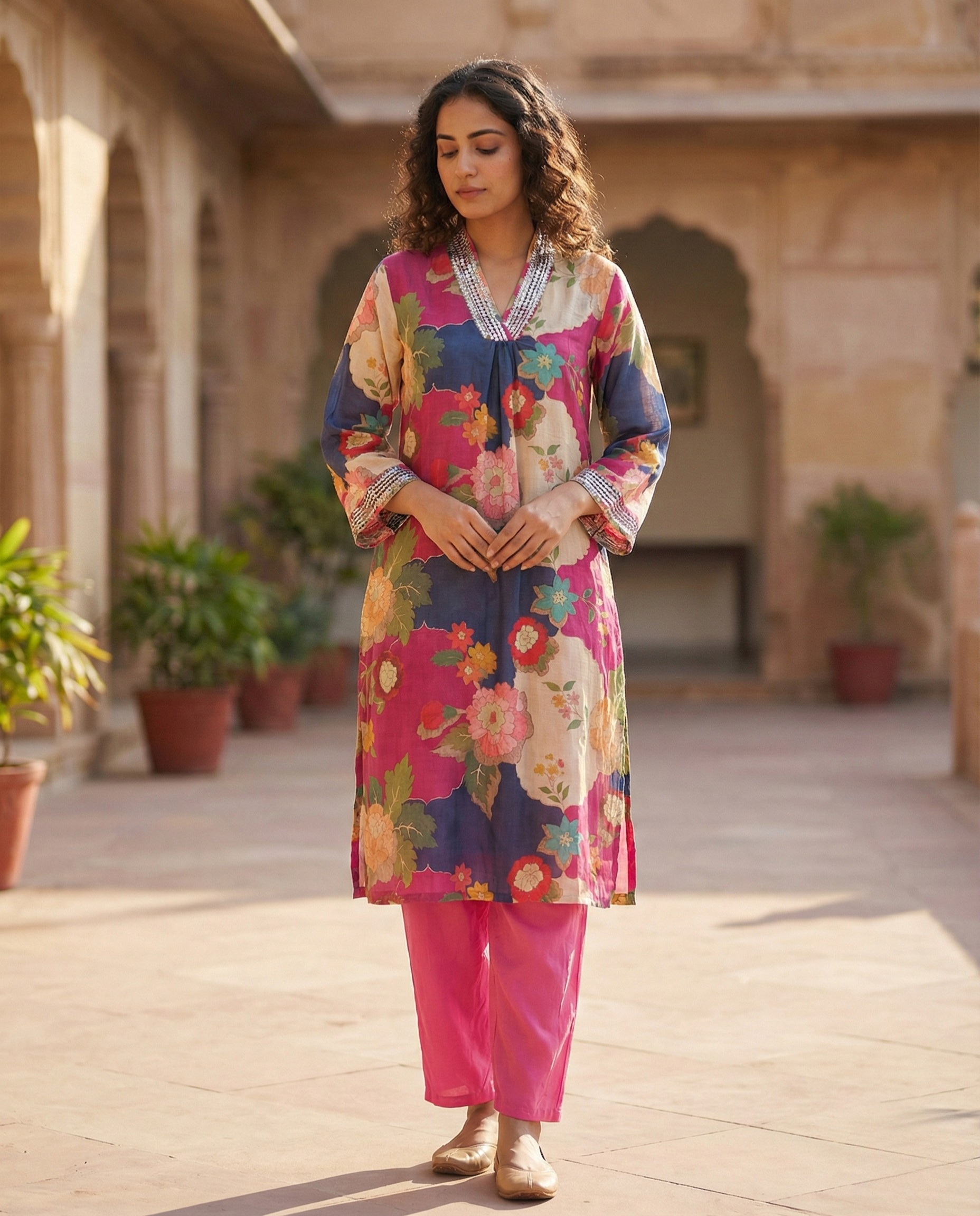 Abstract Multi-color Floral Muslin KP set