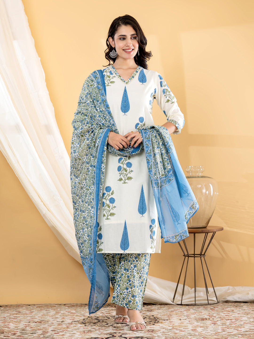INAYA BOTANICAL PRINTED 3PC SET - IVORY BLUE