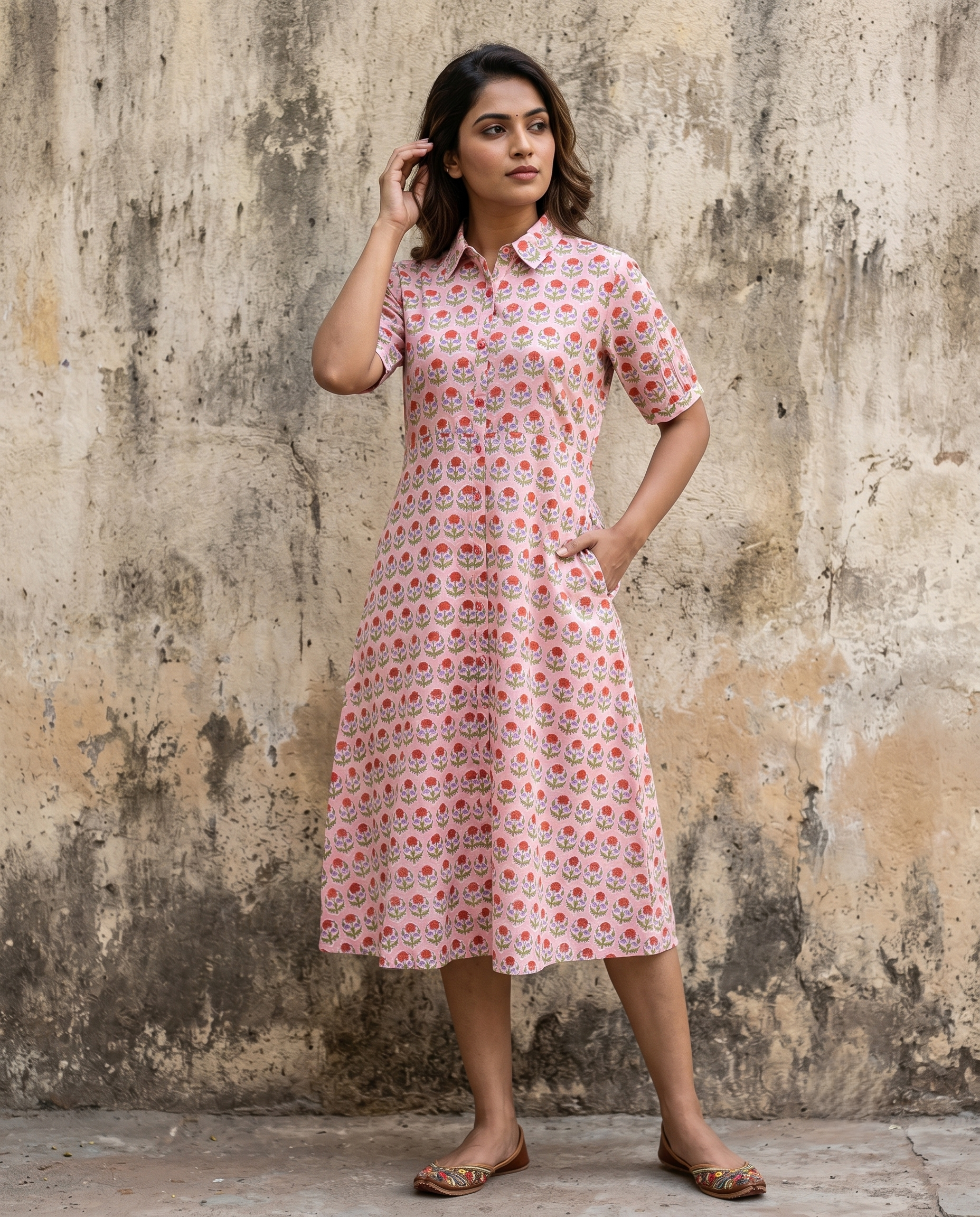 PEACH COLLAR BELT DRESS (HANDBLOCK)