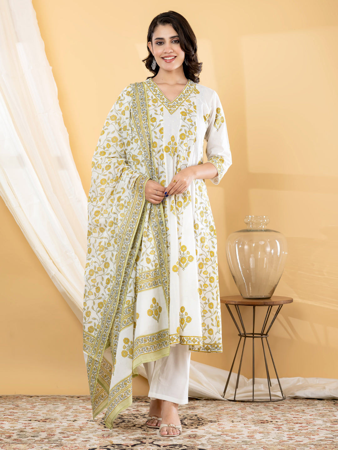 VEDIKA FLORAL PRINTED 3PC SET - WHITE MUSTARD