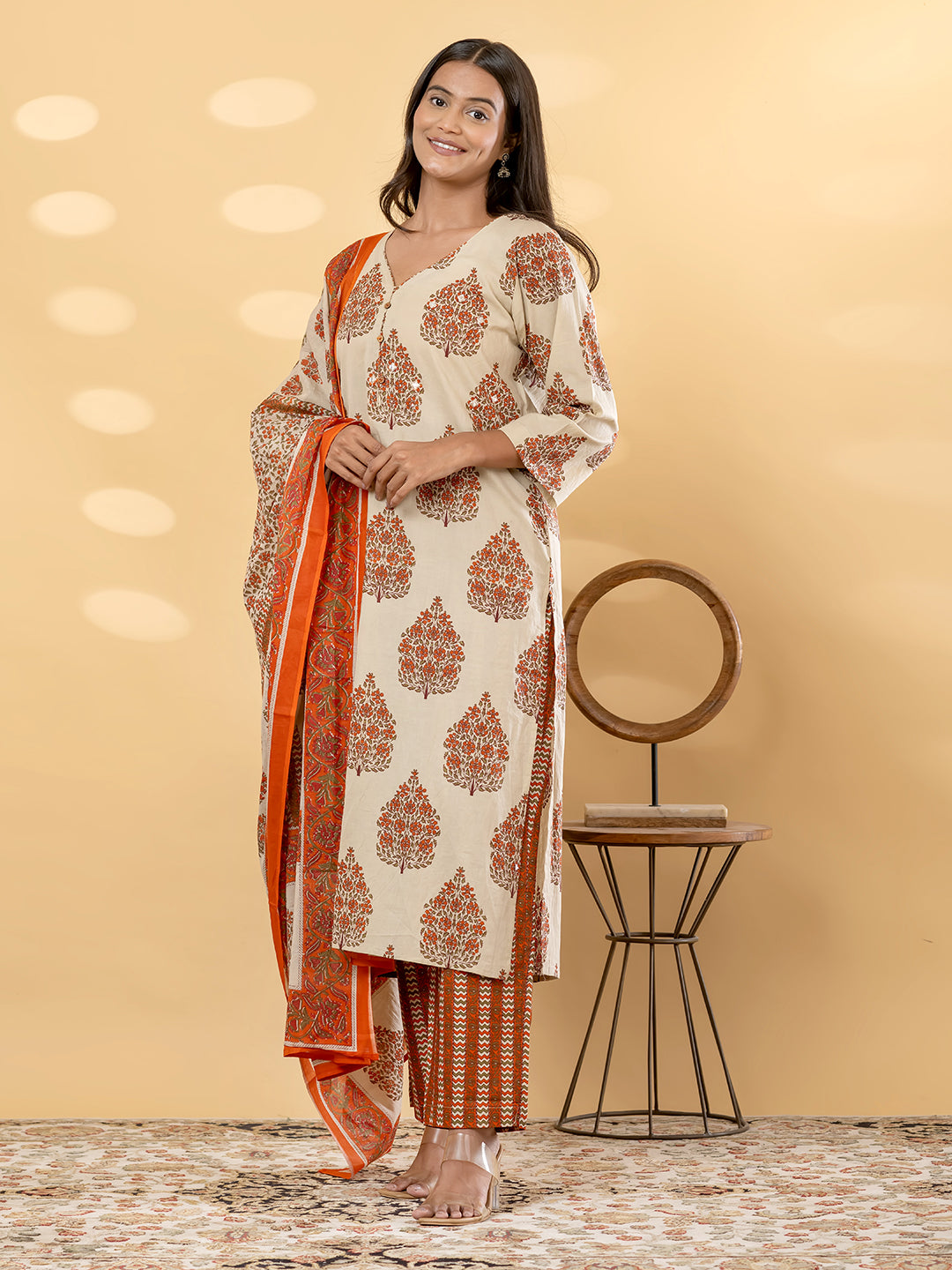 AVYARA BOTANICAL PRINTED 3PC SET - IVORY ORANGE