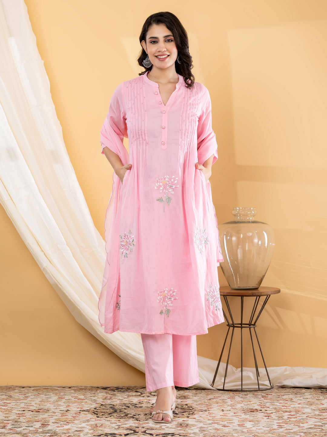 Aabha Floral Embroidered 3Pc Set – Blush Pink