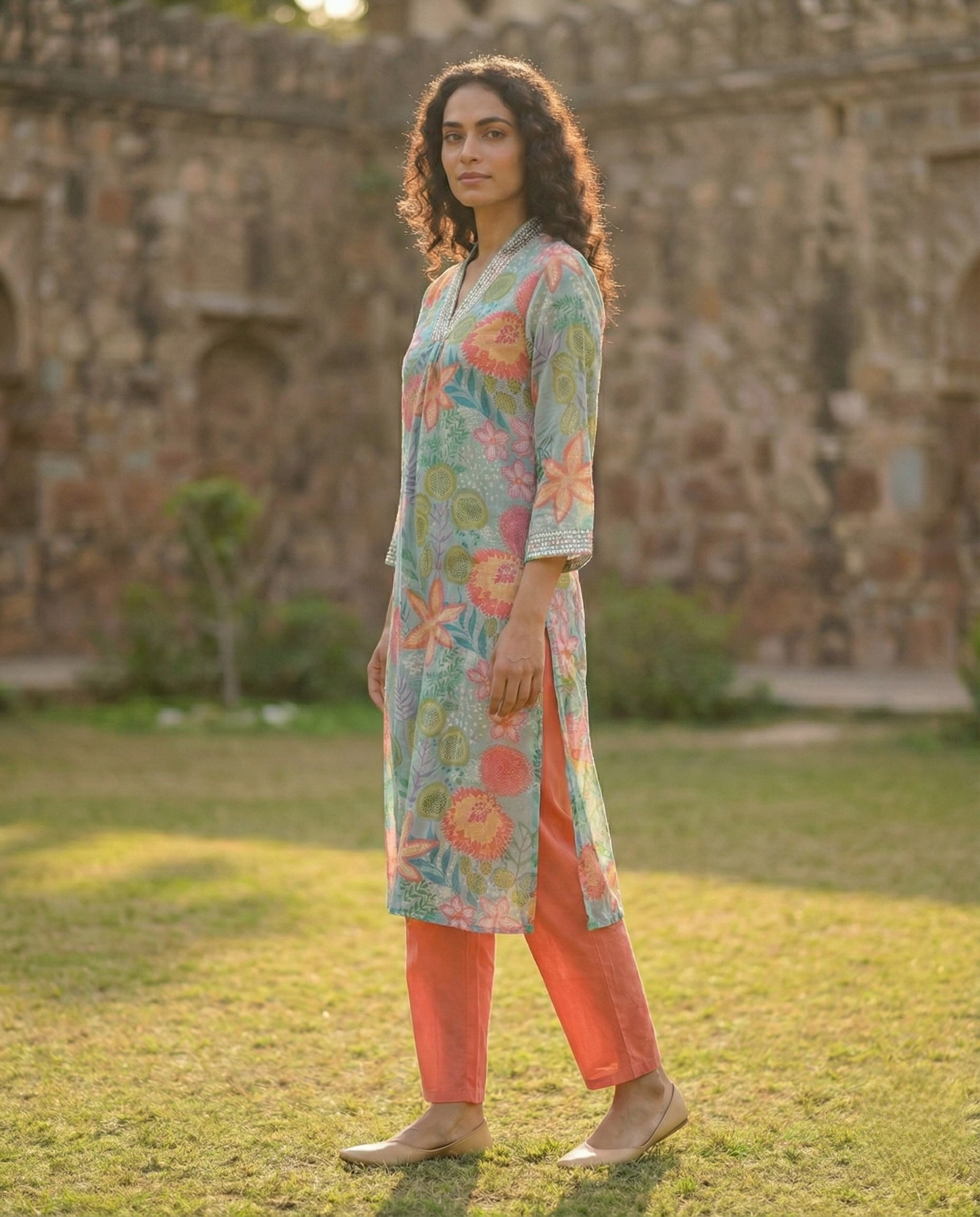 Abstract Blue Orange Floral Muslin KP set
