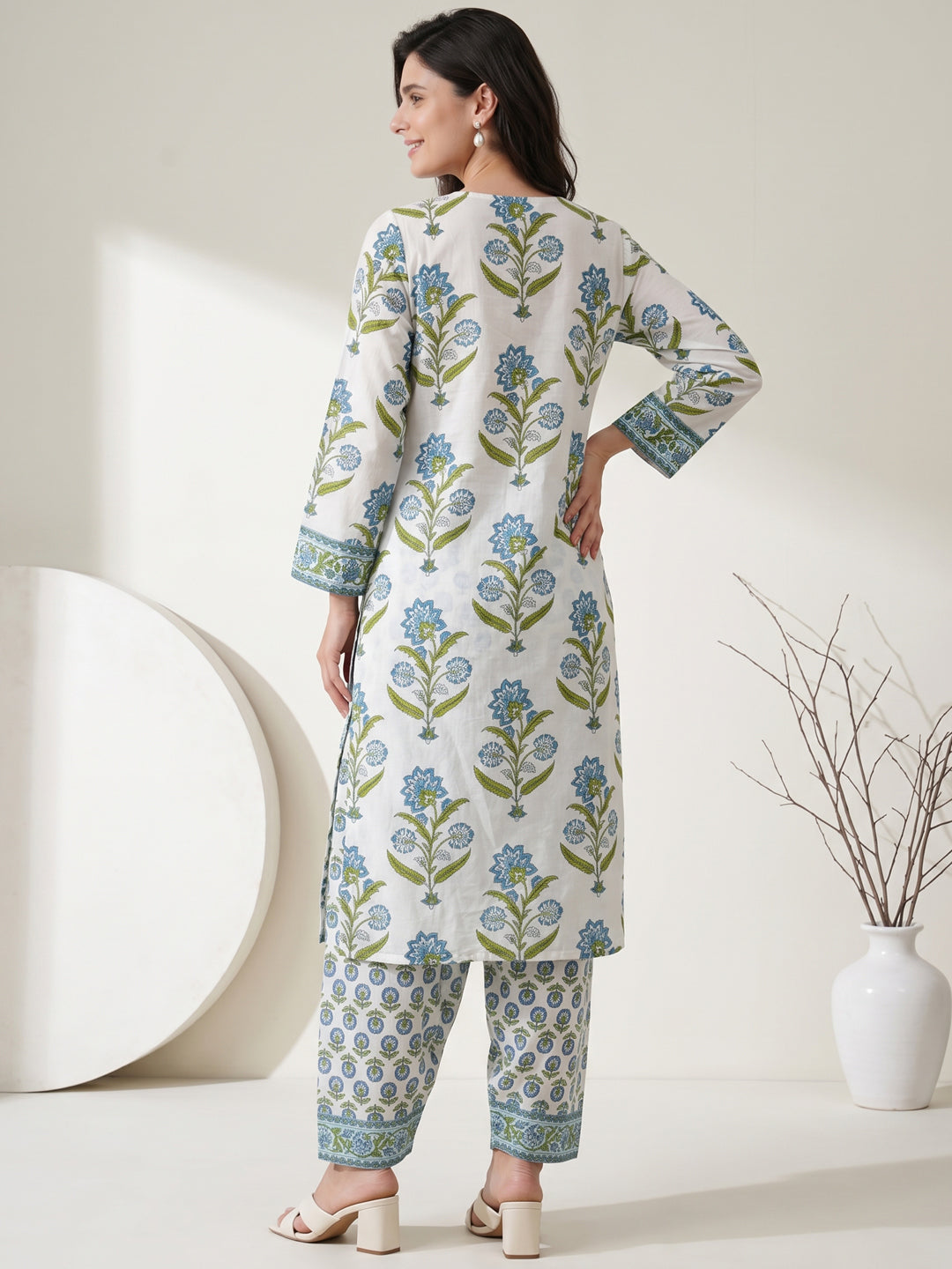 Azure Bloom Handblock 3Pc Set – Ivory Blue