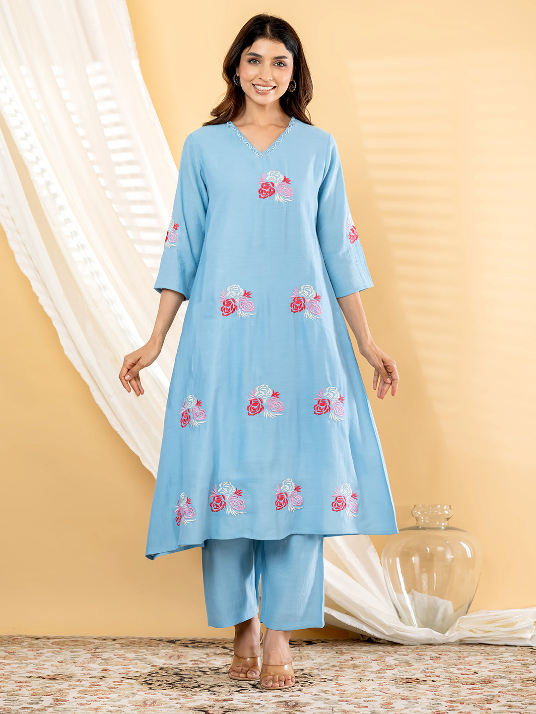 Rosalie Bloom Embroidered 3Pc Set – Powder Blue