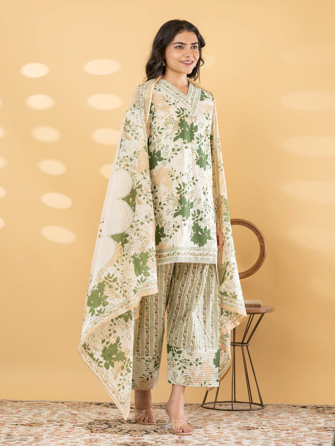 NOOR FARSI WHITE / GREEN SALWAR SUIT SET WITH DUPATTA